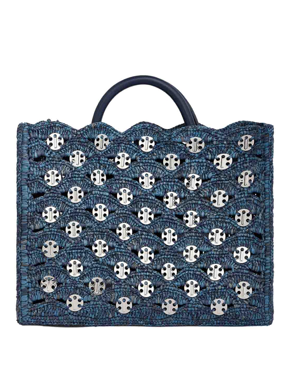 Rabanne Denim Blue Tote Bag In Rafia In Silver