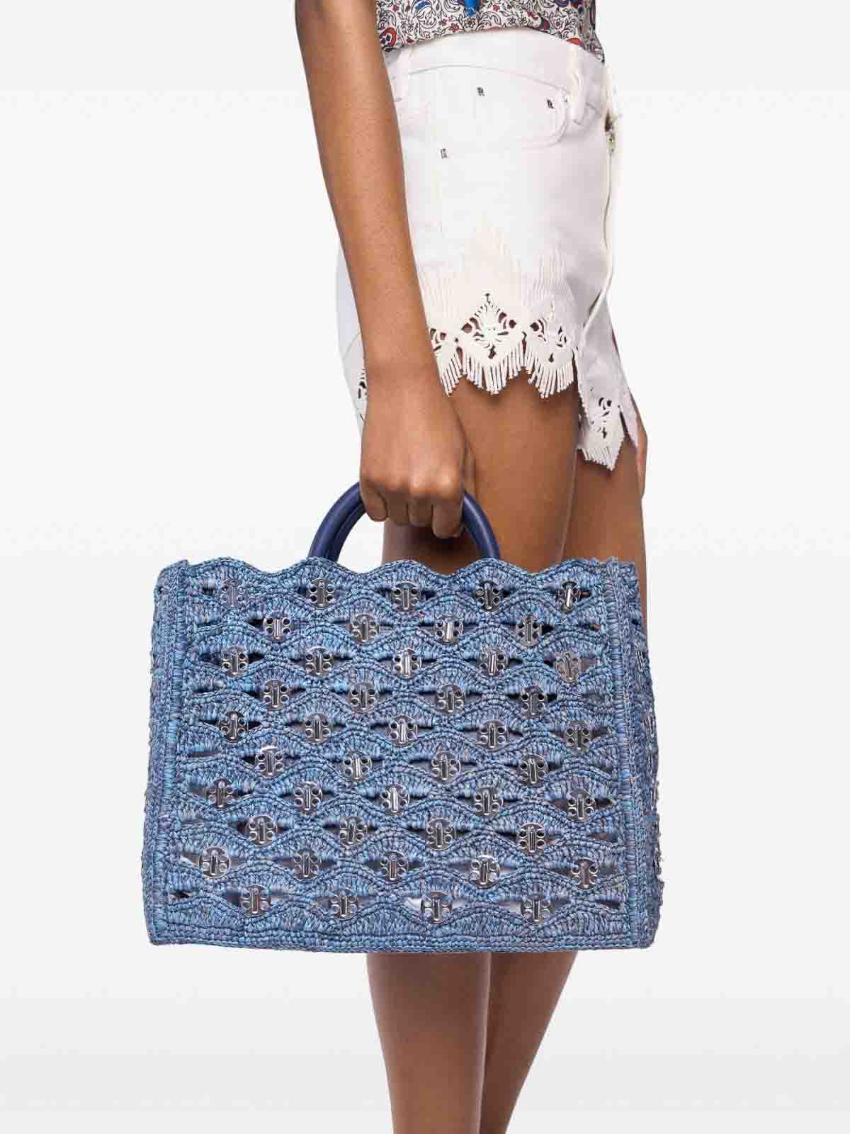 Rabanne Denim Blue Tote Bag In Rafia In Silver