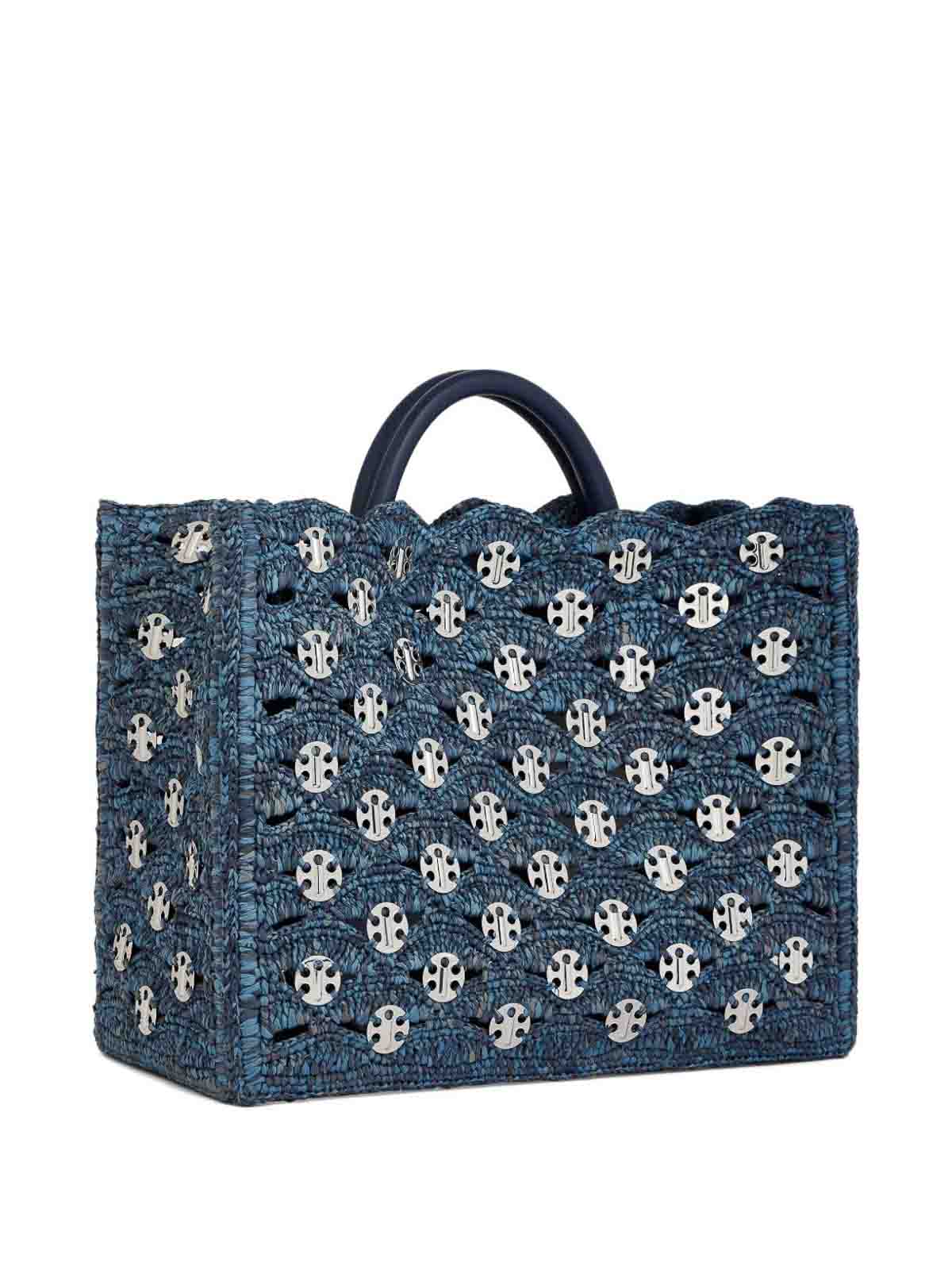 Rabanne Denim Blue Tote Bag In Rafia In Silver
