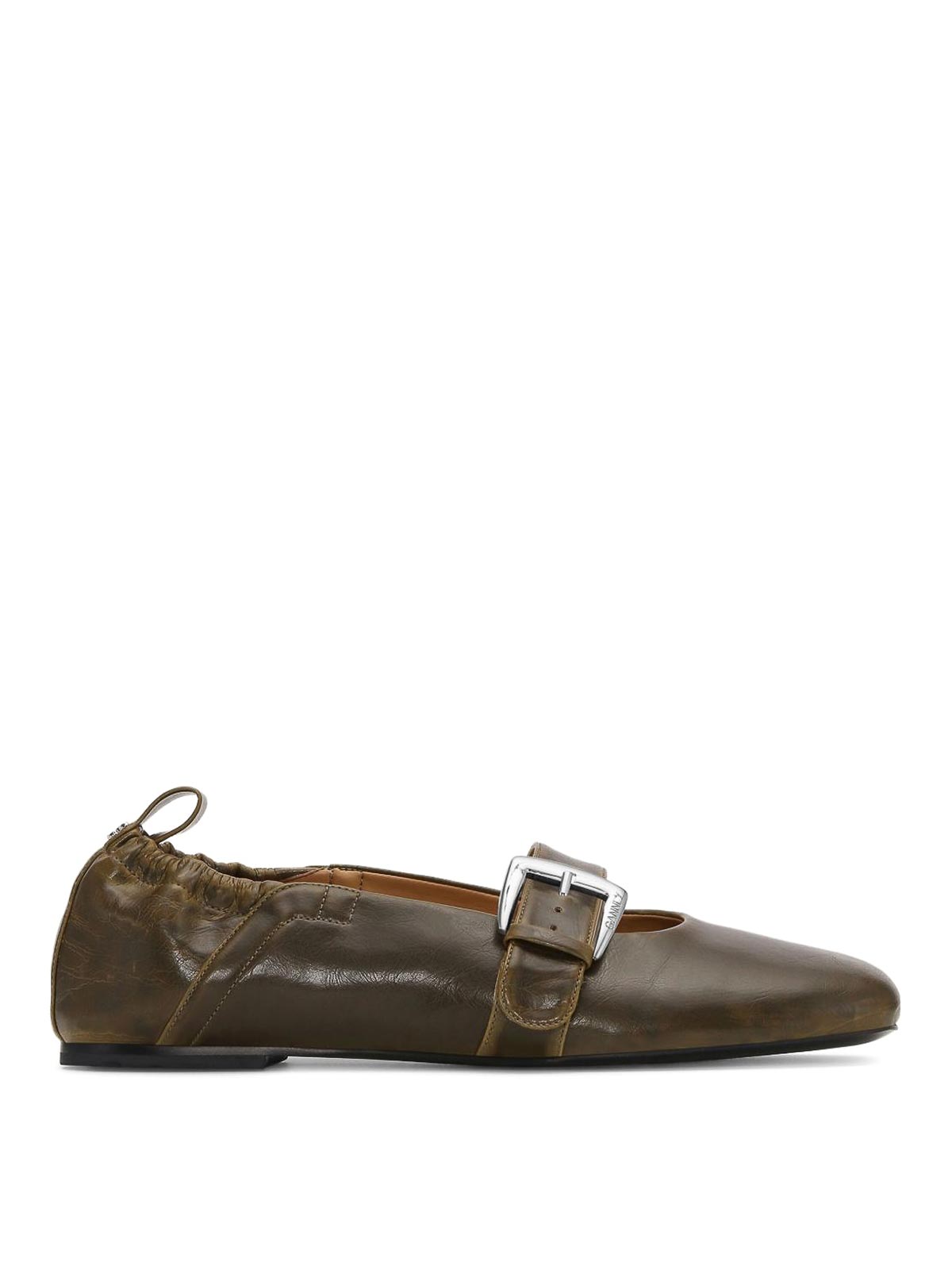 Ganni Dark Olive Green Flats With Buckle Strap In Green
