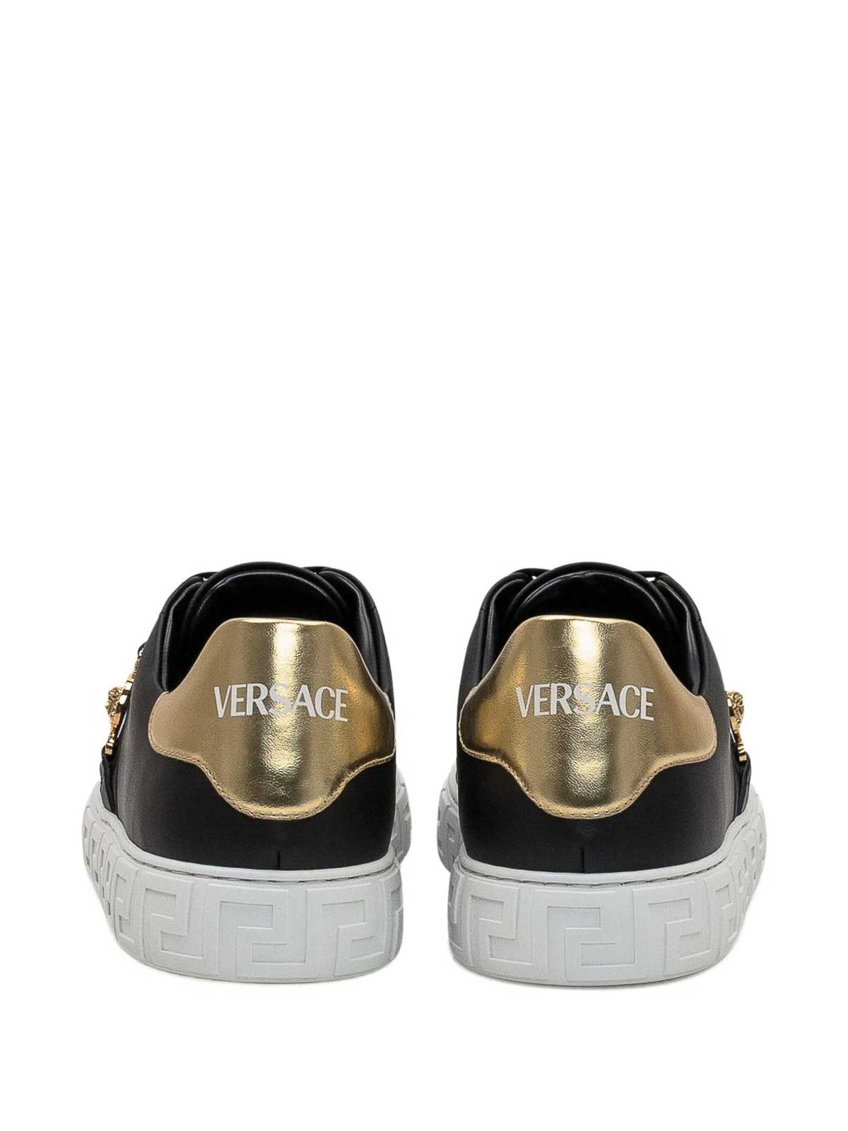 Versace Black Low Top Sneakers With Contrasting Heel With Logo Lettering And Medusa Plaque In Tech Fabric Ma In Black