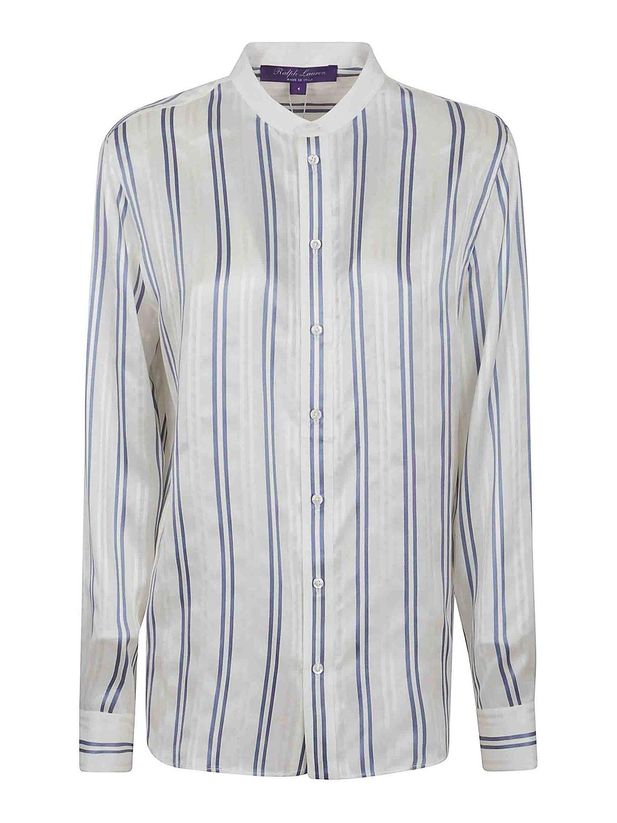 Polo Ralph Lauren Silk Mandarin Collar Shirt With Vertical Stripes In White