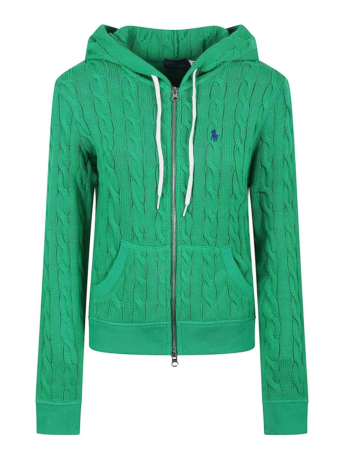 Polo Ralph Lauren Textured Cable Knit Hoodie With Full Zip Closure In Green