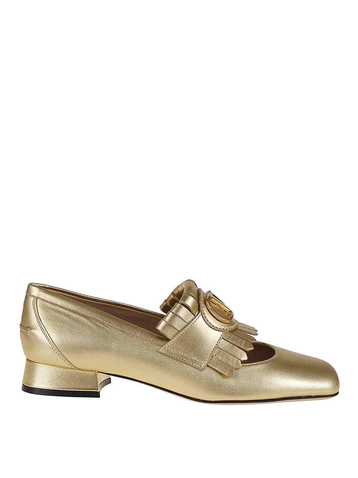 Valentino Block Heel Loafers With Gold Fringed Detail In Gold