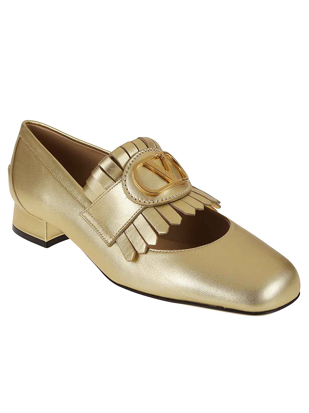 Valentino Block Heel Loafers With Gold Fringed Detail In Gold