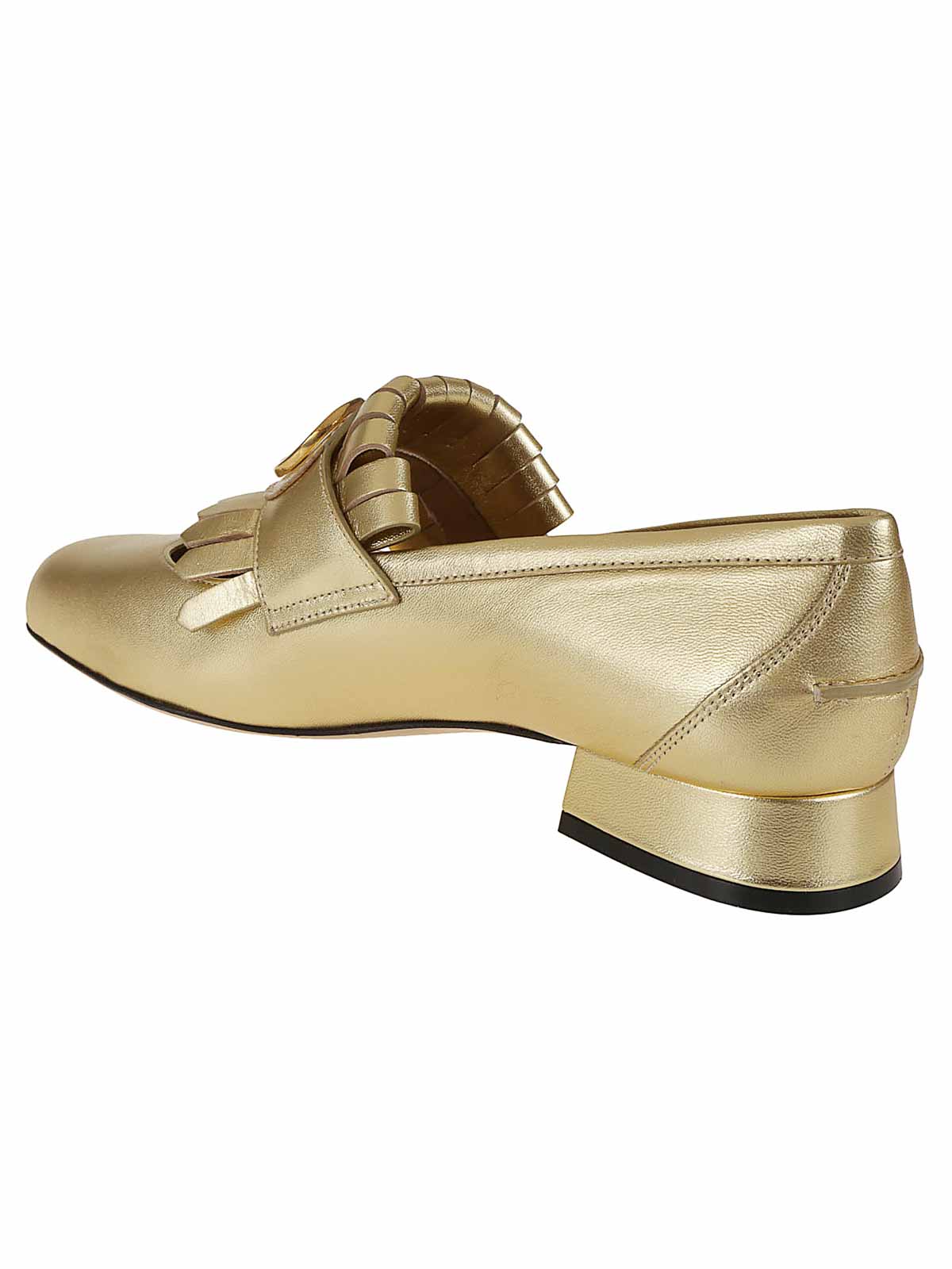 Valentino Block Heel Loafers With Gold Fringed Detail In Gold