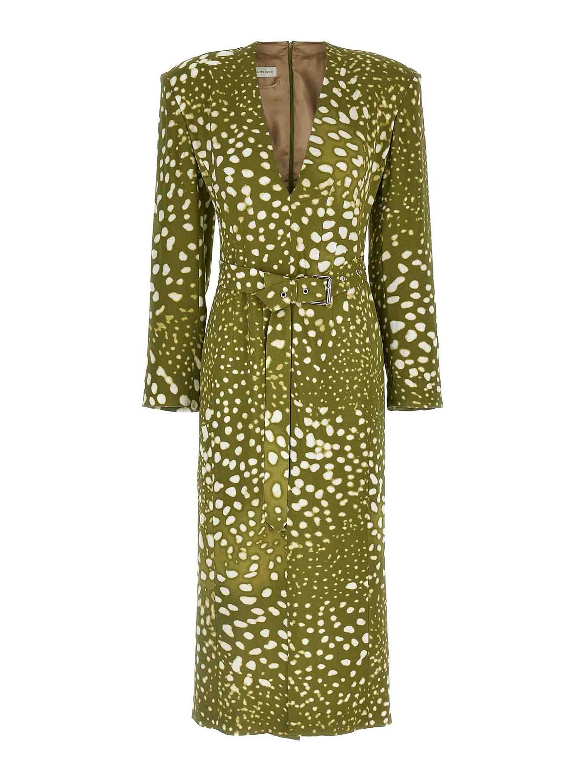 Dries Van Noten V-neckline Dress Belted All-over Print In Green