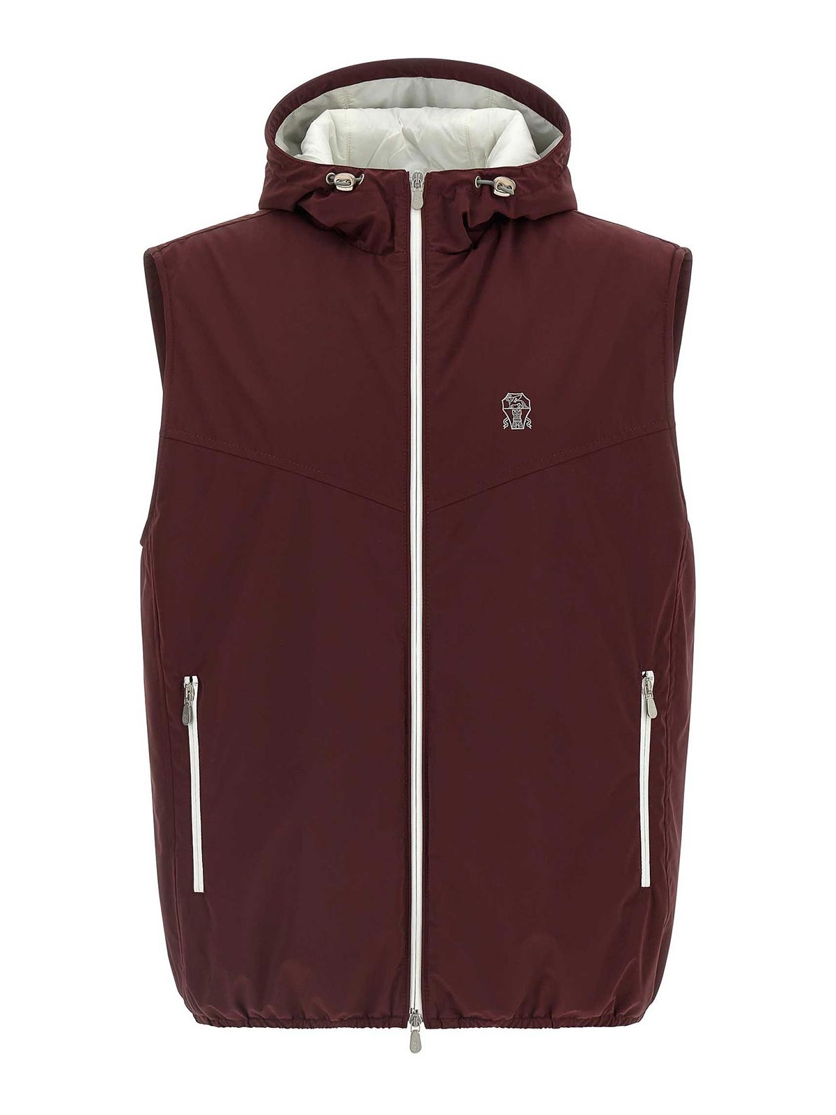 Brunello Cucinelli Hooded Vest With Elastic Hem And Side Zipper Pockets In Burgundy