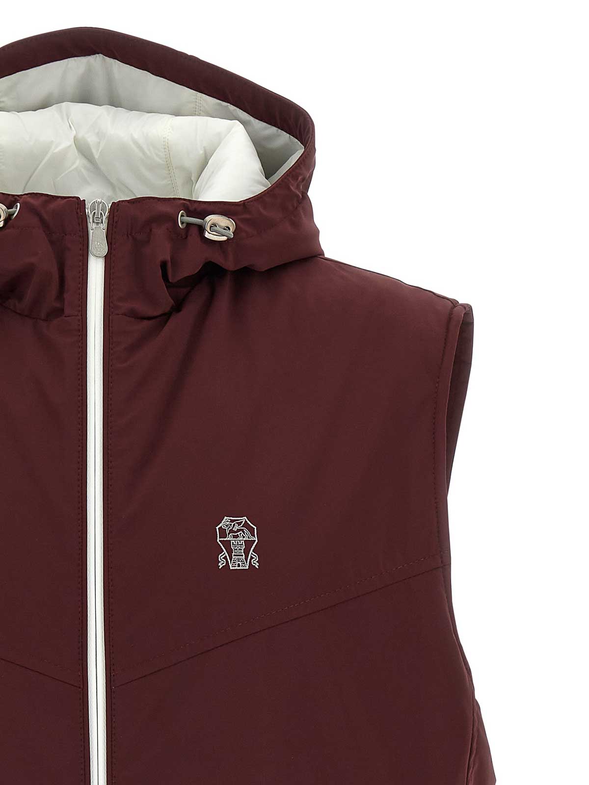 Brunello Cucinelli Hooded Vest With Elastic Hem And Side Zipper Pockets In Burgundy