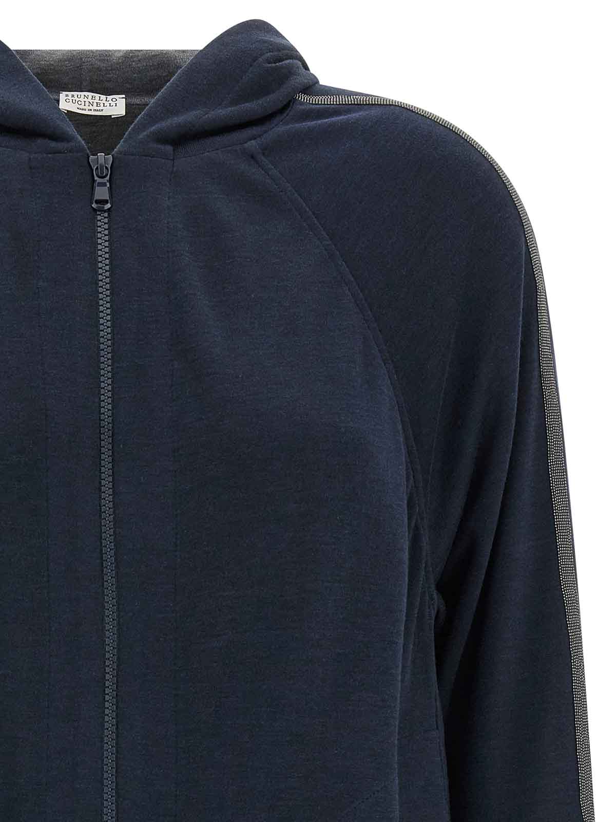 Brunello Cucinelli Hooded Sweatshirt With Side Stripe Detail In Blue