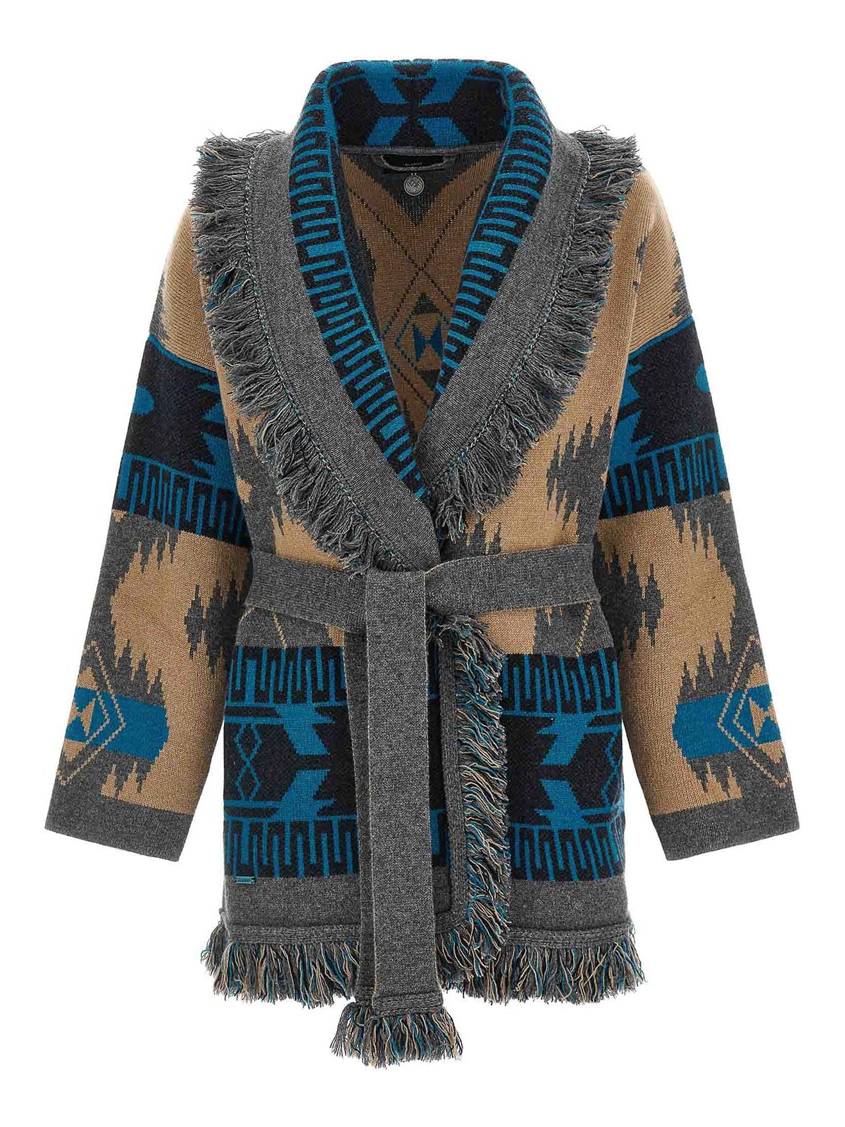 Alanui Geometric Jacquard Belted Fringe Cardigan In Multi