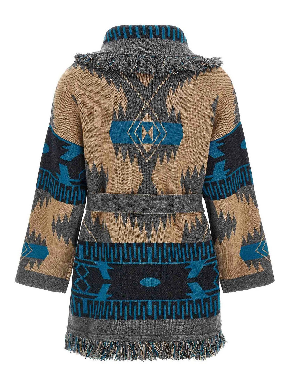 Alanui Geometric Jacquard Belted Fringe Cardigan In Multi