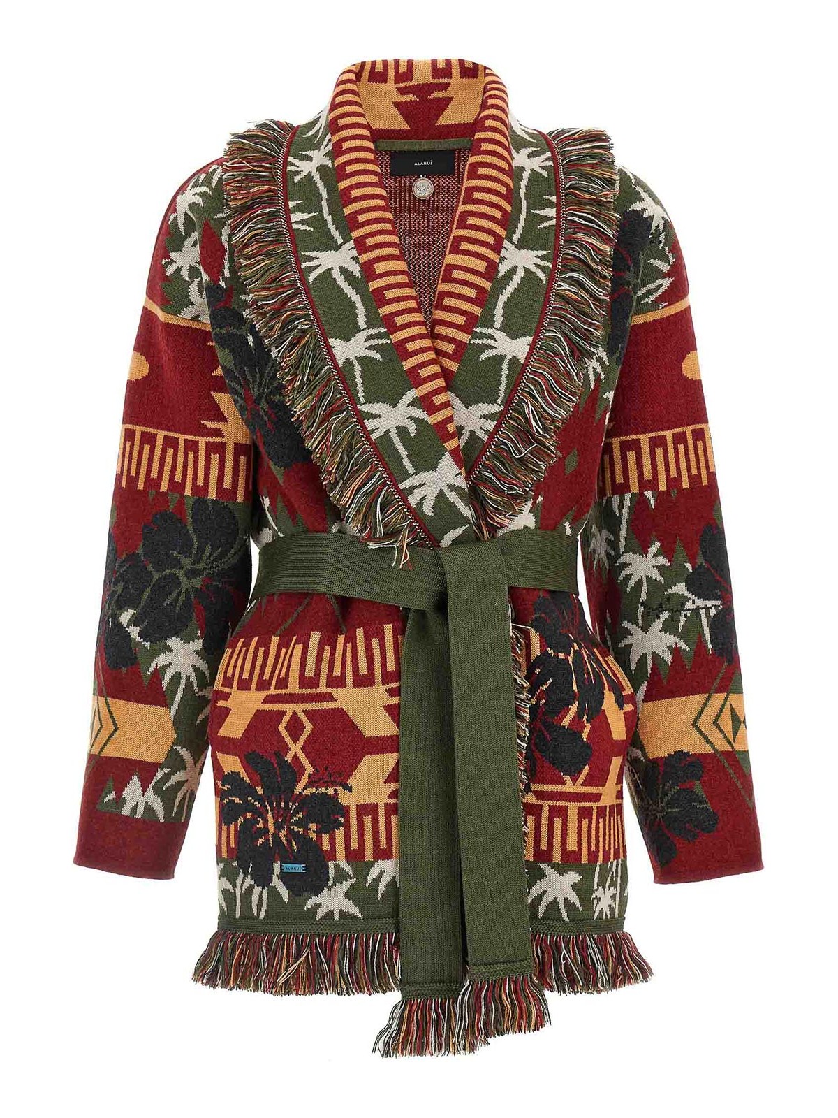 Alanui 'hibiscus Bloom' Long Belted Cardigan With Fringed Trim In Multi