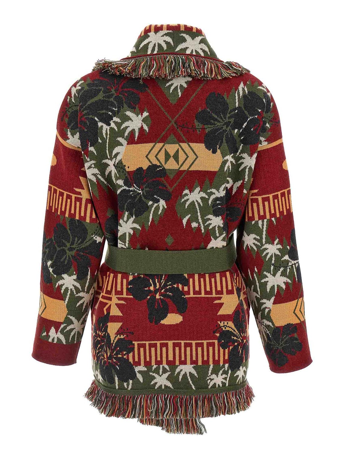 Alanui 'hibiscus Bloom' Long Belted Cardigan With Fringed Trim In Multi