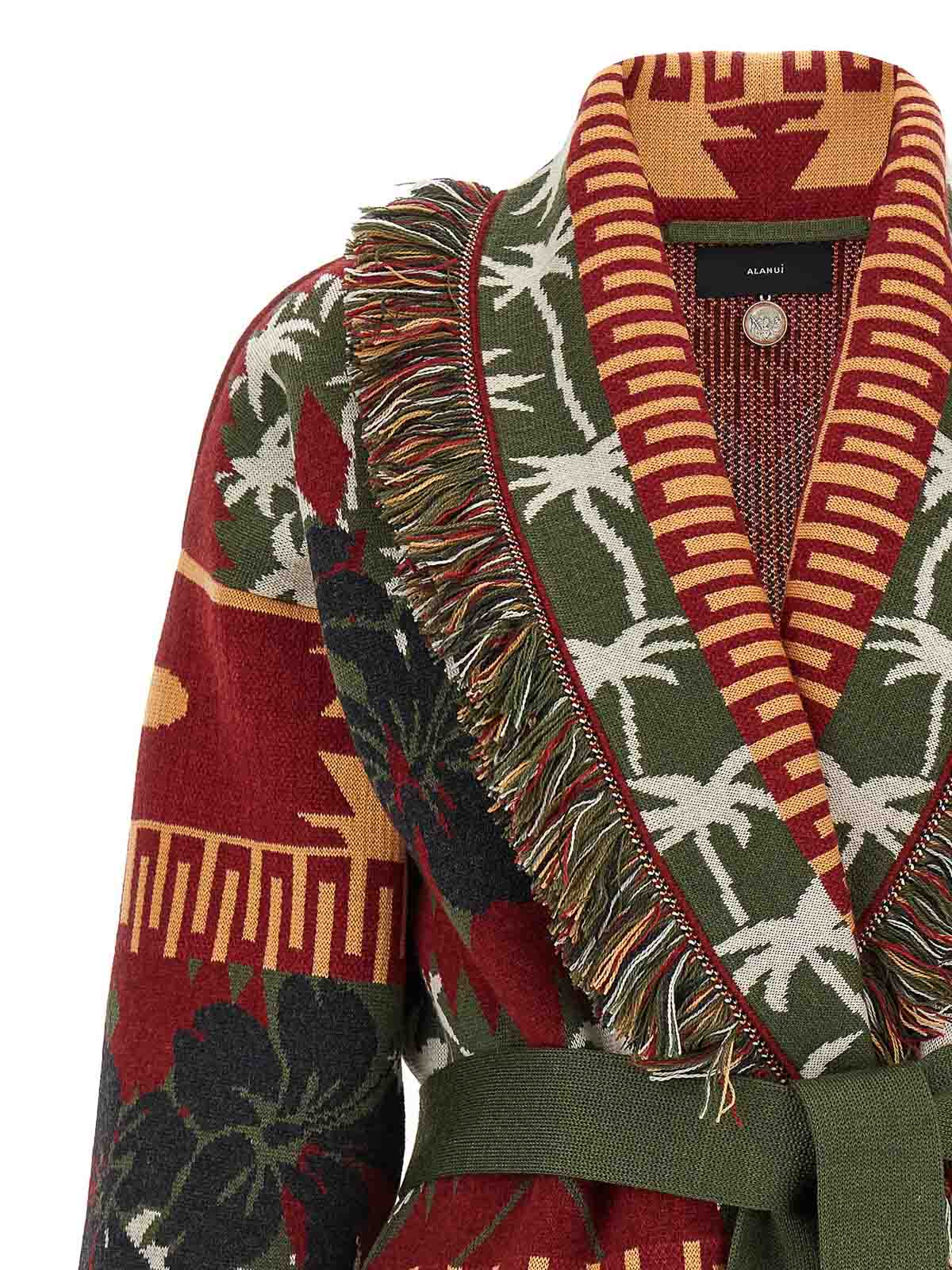 Alanui 'hibiscus Bloom' Long Belted Cardigan With Fringed Trim In Multi