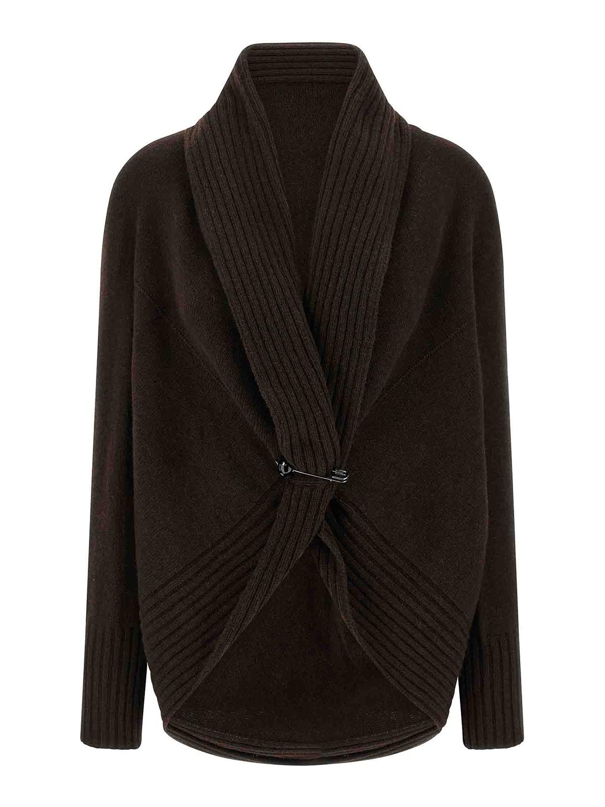 Alberta Ferretti Shawl Collar Knit Cardigan Brooch In Brown