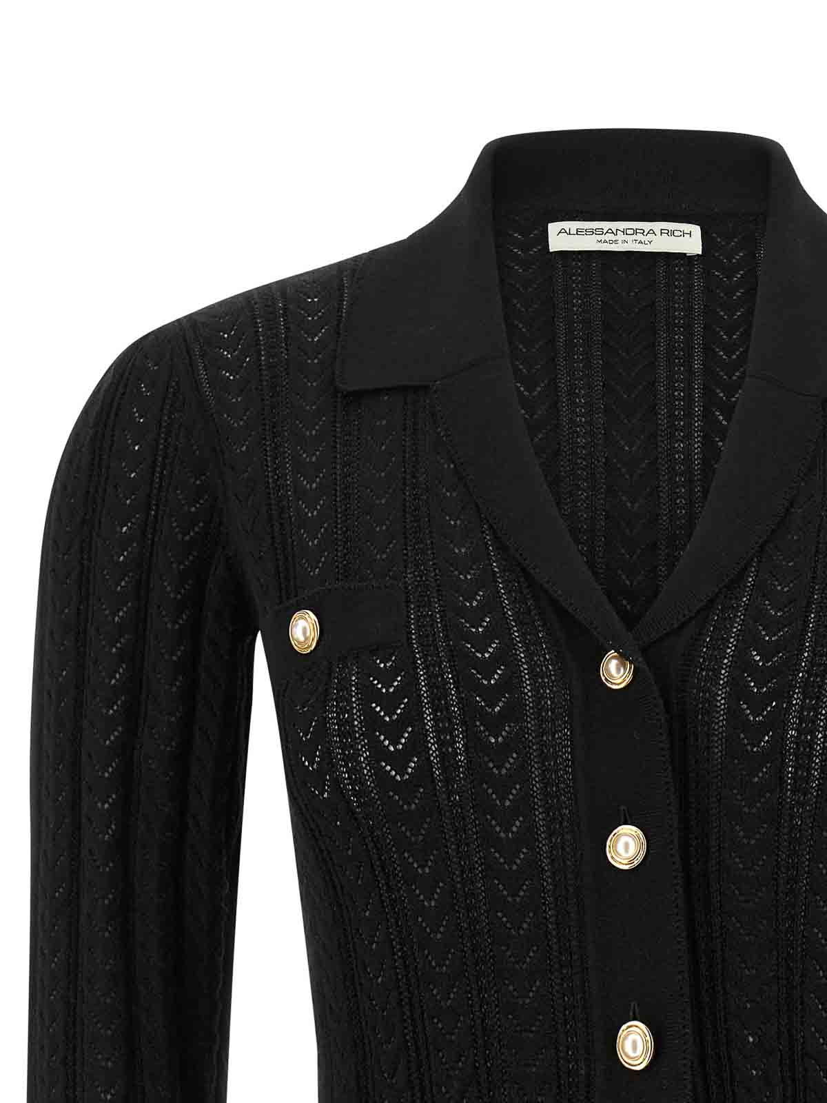 Alessandra Rich V-neck Openwork Knit Cardigan In Black