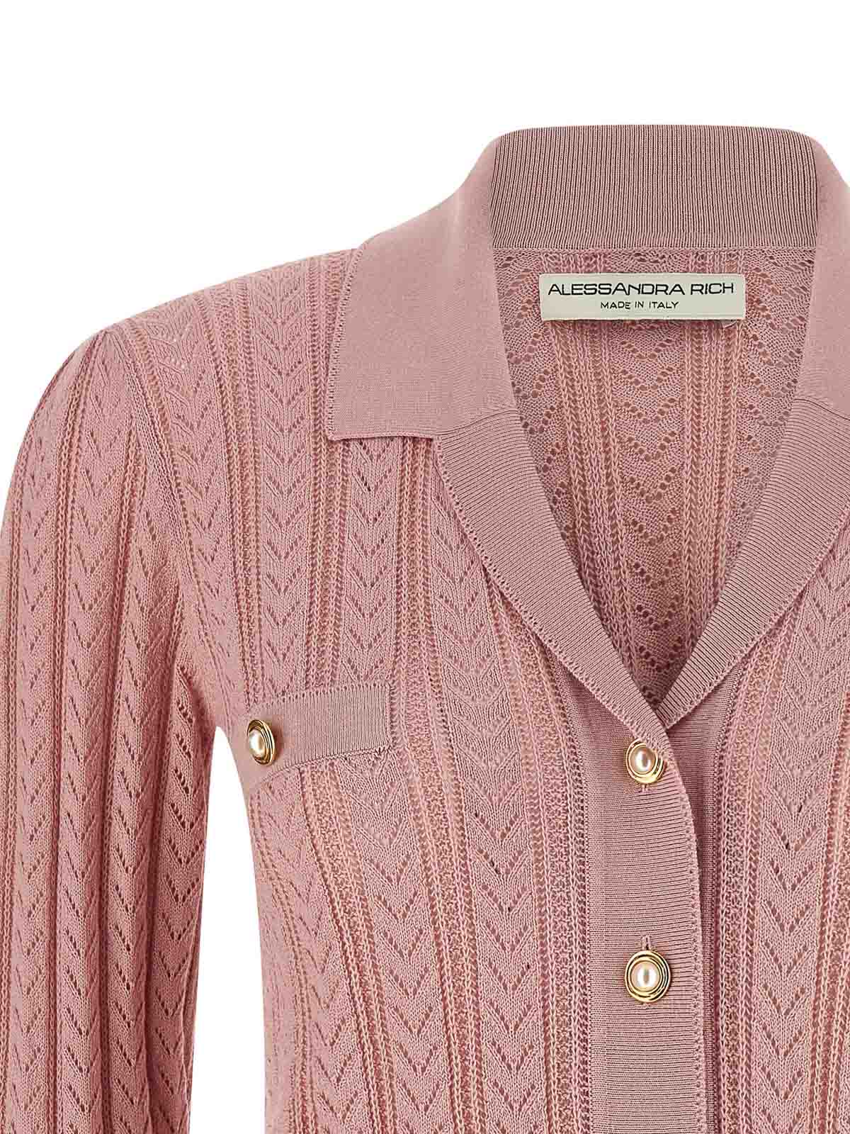 Alessandra Rich Ribbed Knit Cardigan Front Pockets In Pink