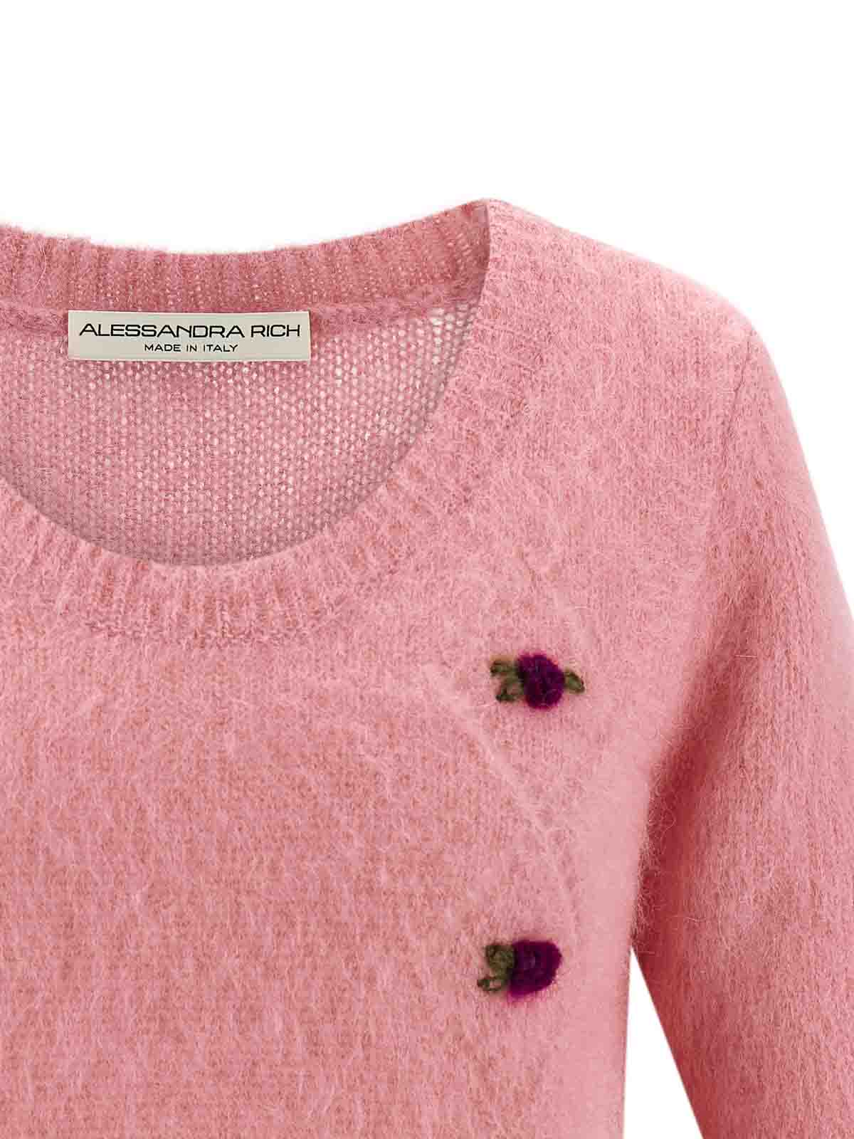 Alessandra Rich Crew Neck Floral Appliqué Short Sleeves Soft Texture In Pink