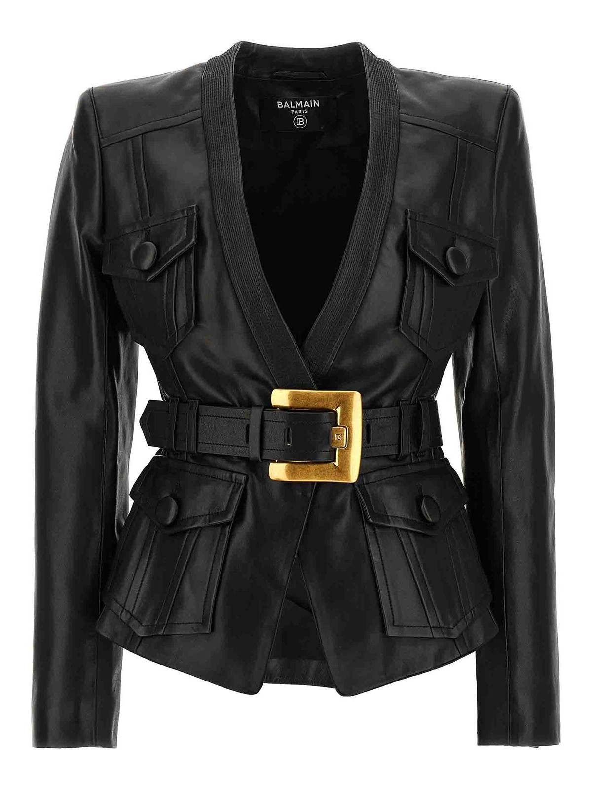 Balmain Belted Leather Jacket In Black