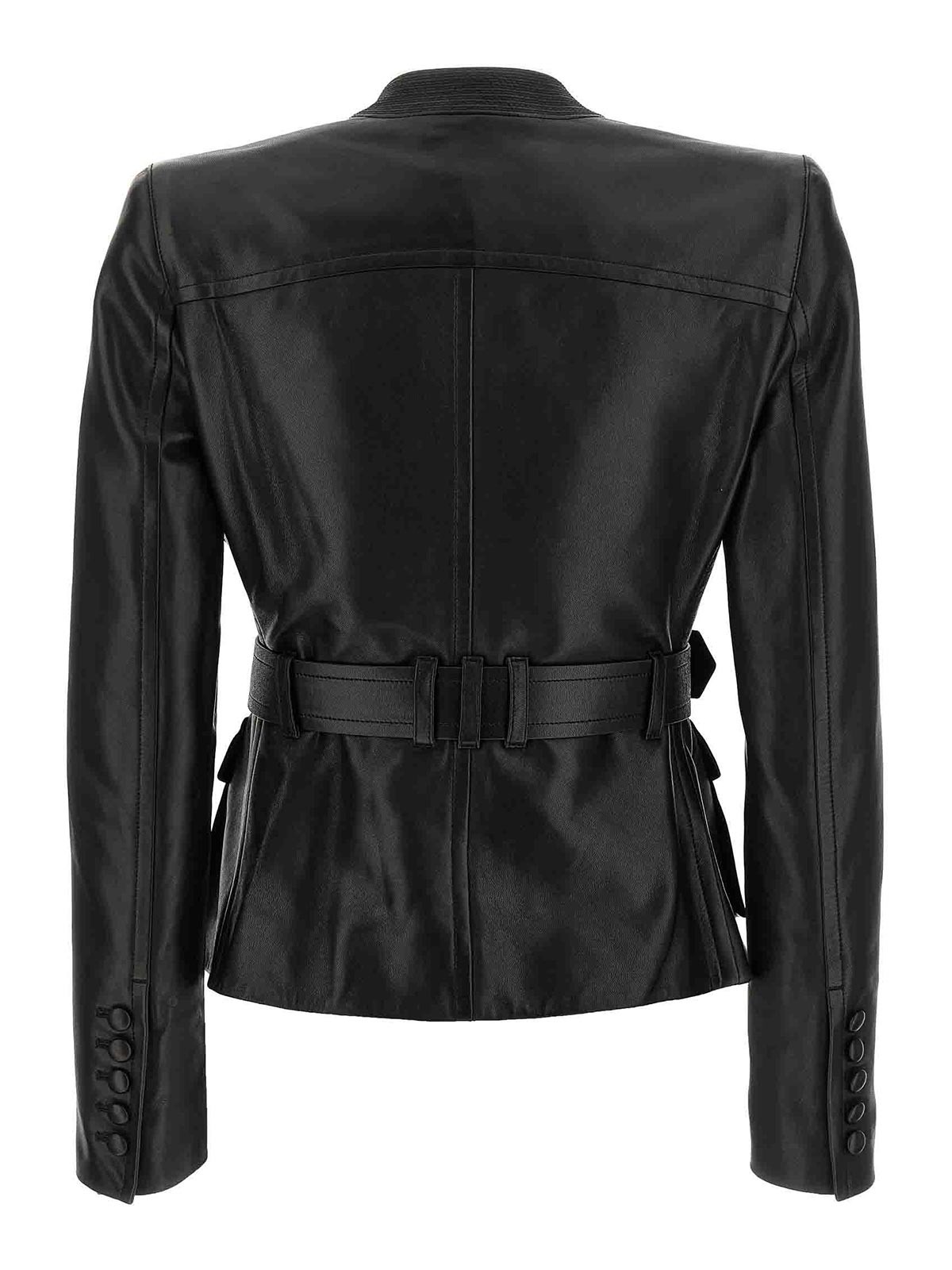 Balmain Belted Leather Jacket In Black