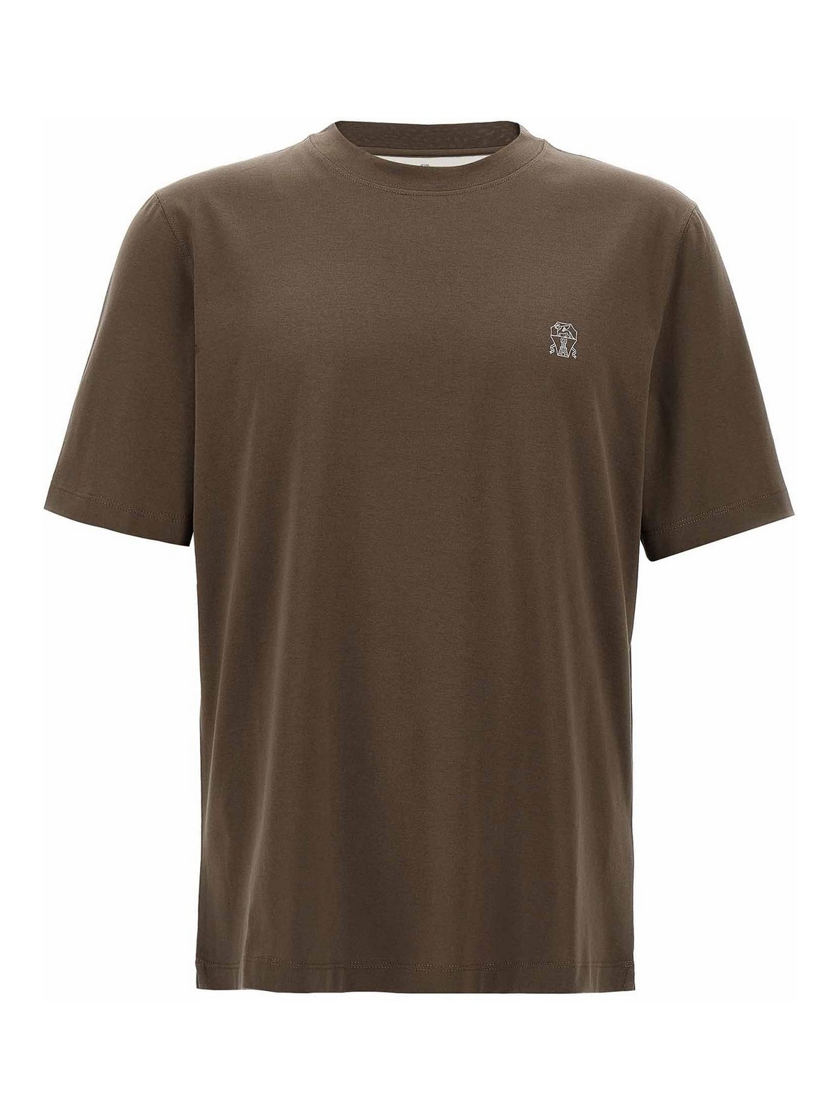 Brunello Cucinelli Printed Logo Crew Neck T-shirt With Side Slits In Brown