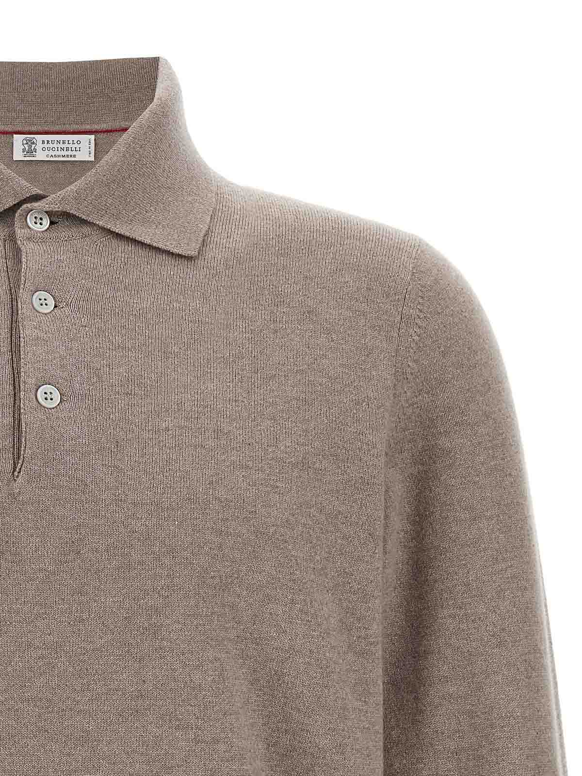 Brunello Cucinelli Cashmere Polo Ribbed Collar Cuffs Hem In Brown
