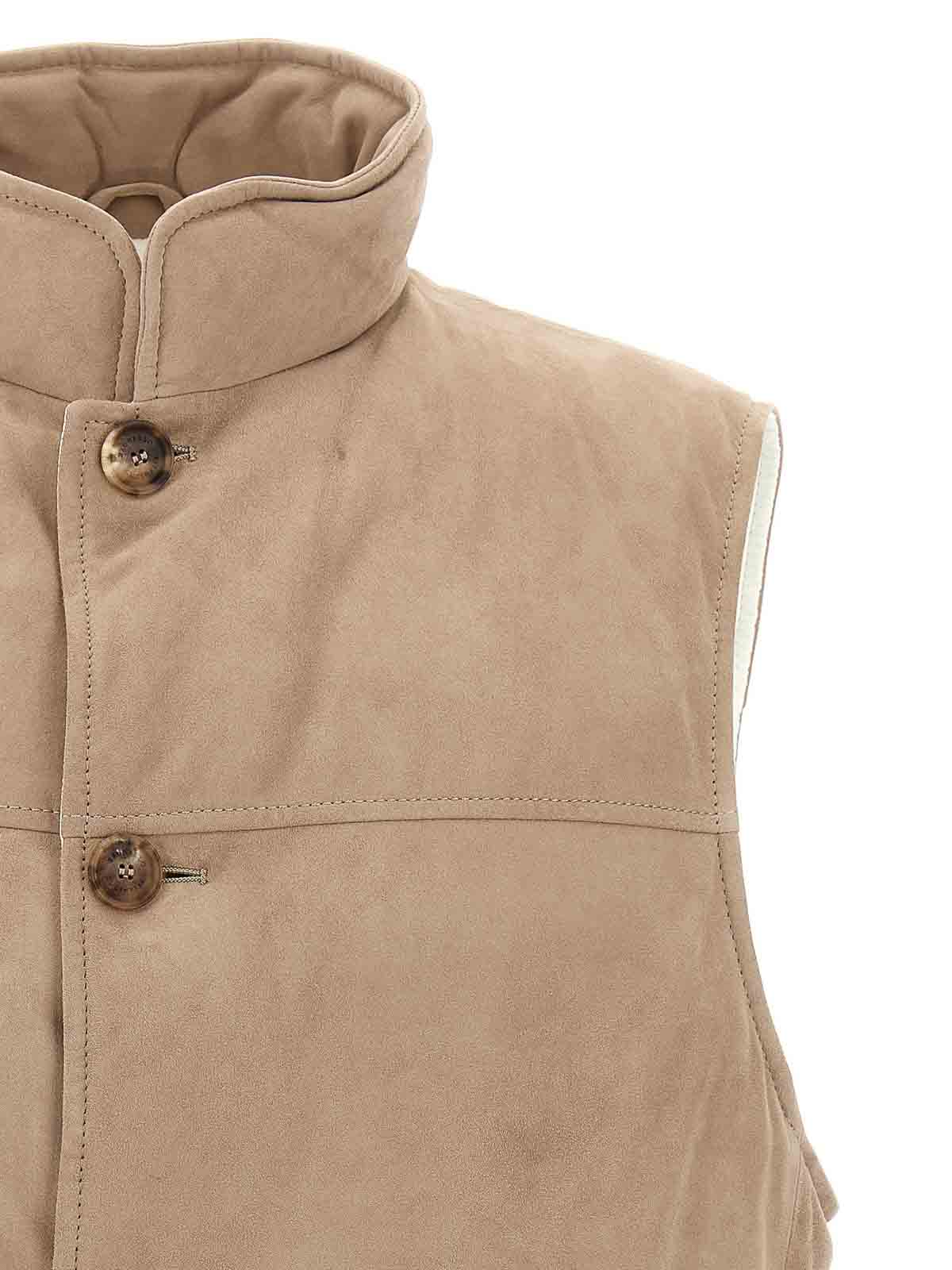 Brunello Cucinelli Suede Vest With Goose Down Padding In Neutral