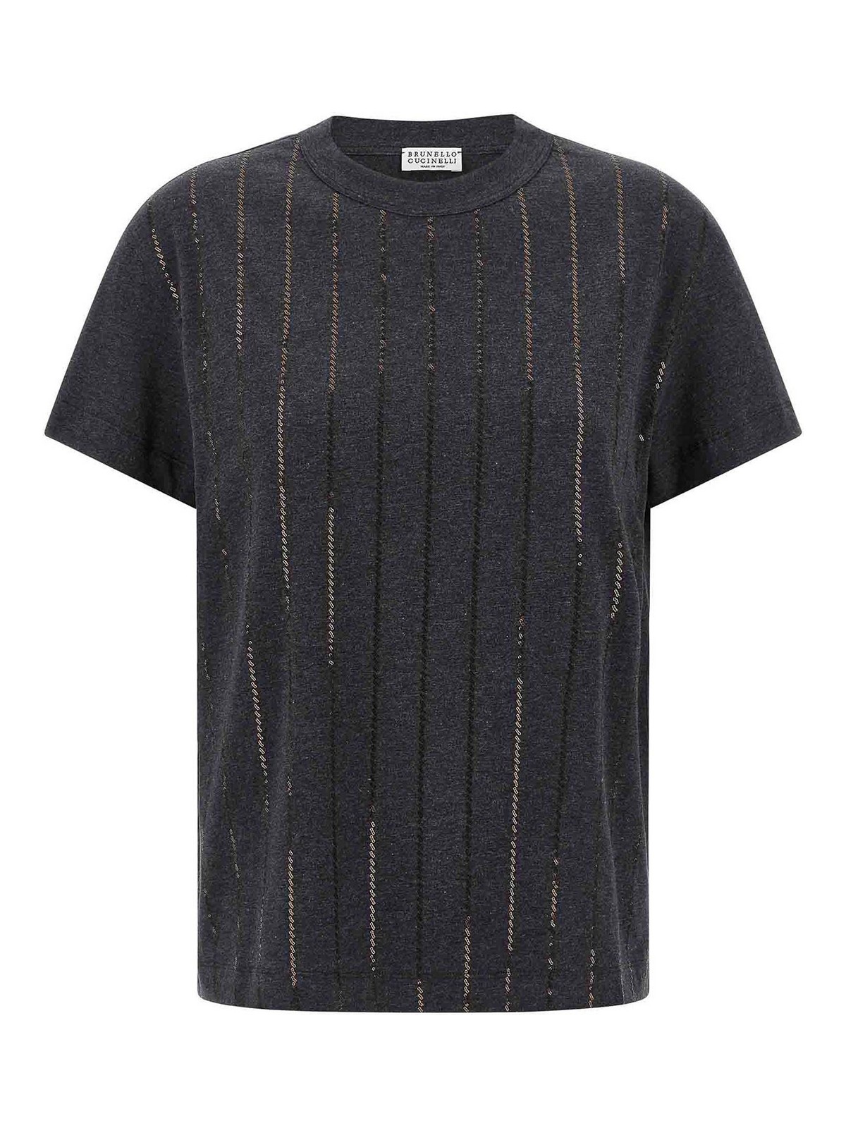 Brunello Cucinelli Grey Dazzling Chalk Stripe Embroidery T-shirt In Black