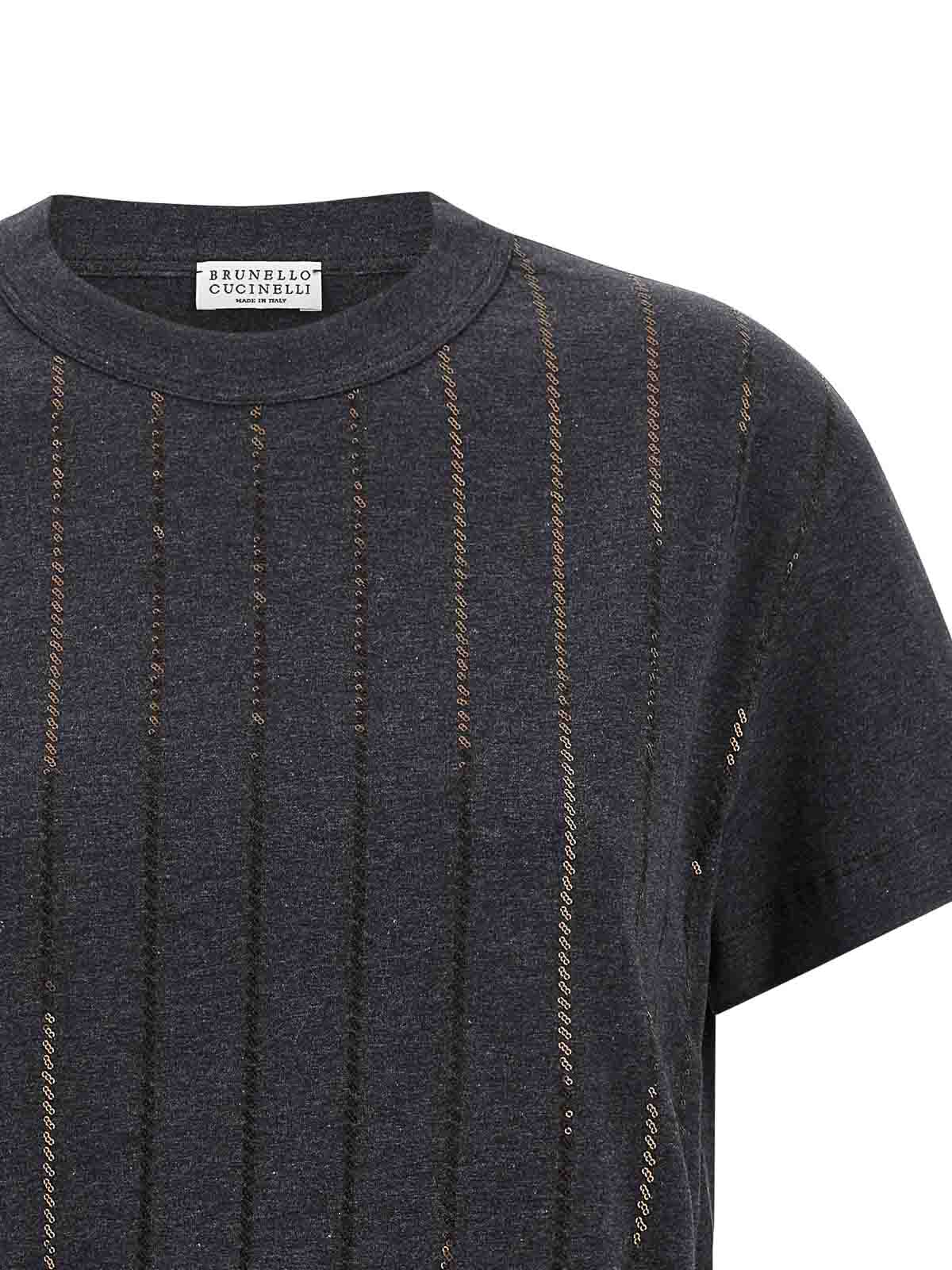 Brunello Cucinelli Grey Dazzling Chalk Stripe Embroidery T-shirt In Black