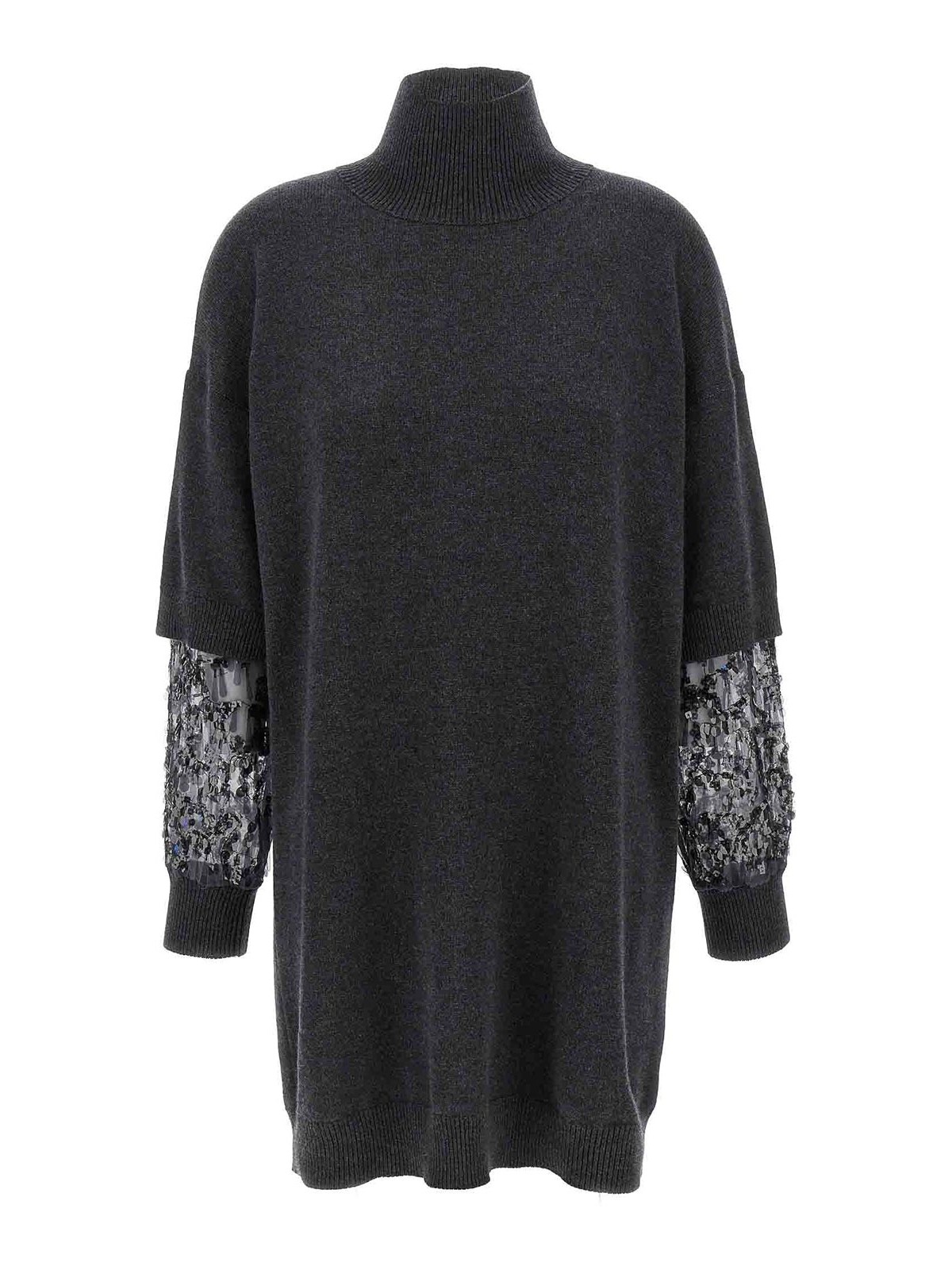Brunello Cucinelli Sequin-embellished High-neck Mini Dress In Gray