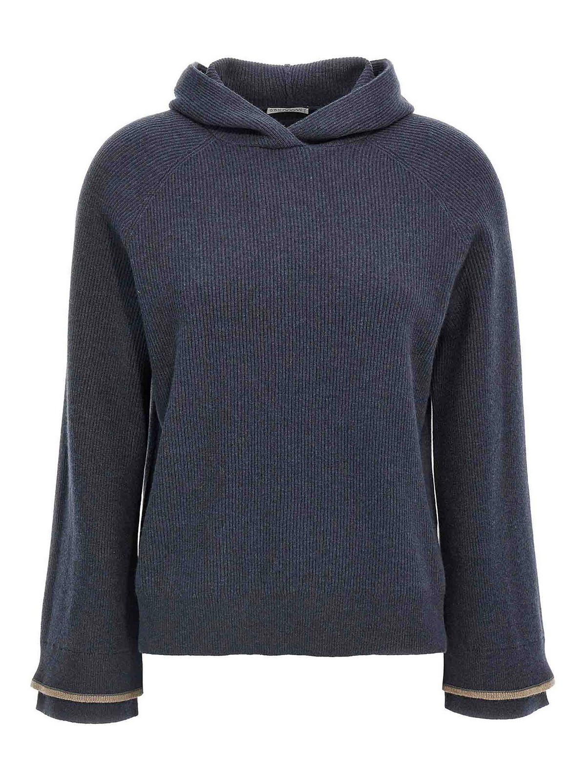 Brunello Cucinelli Ribbed Texture Hooded Sweater With Long Sleeves In Blue