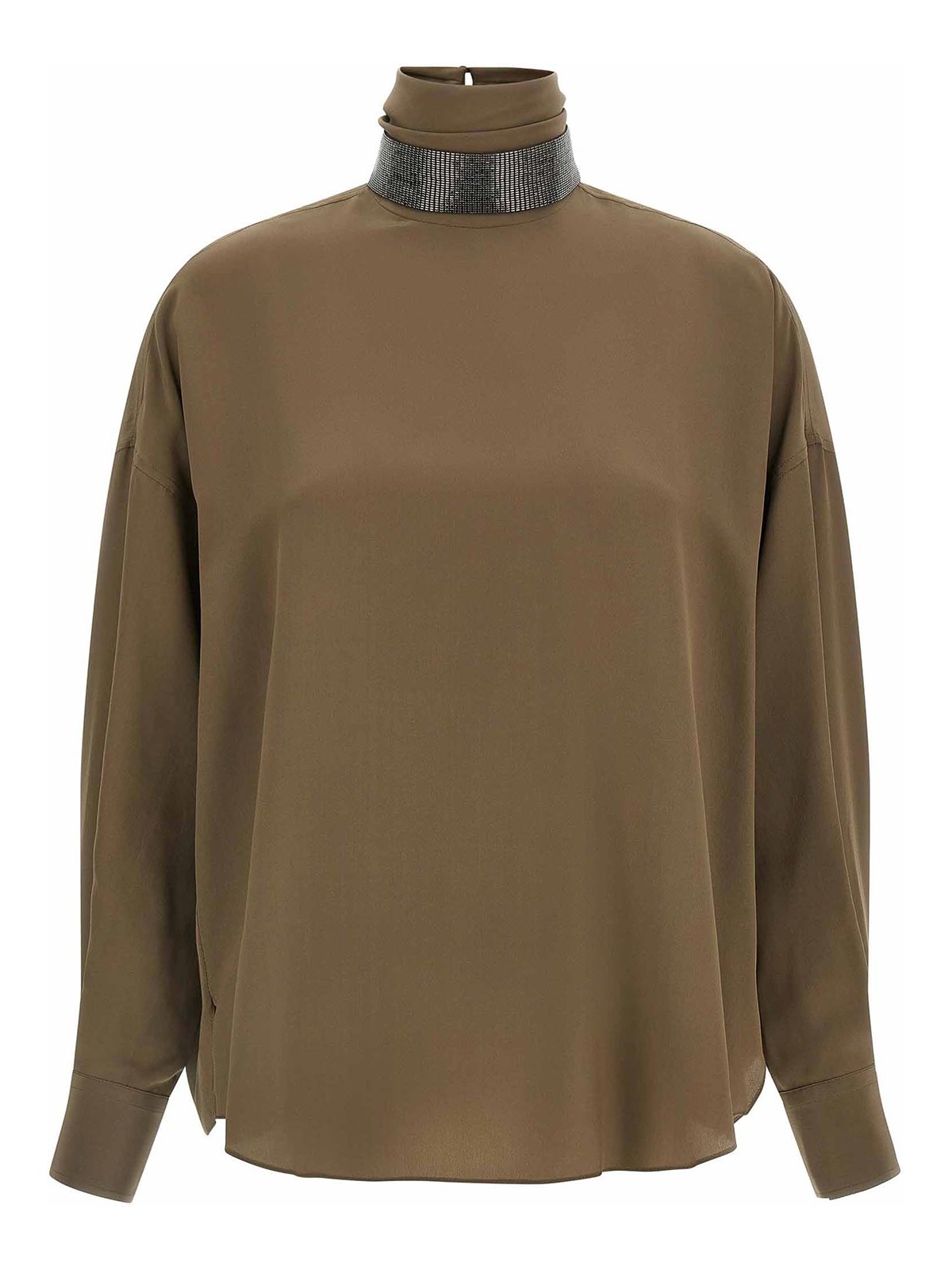 Brunello Cucinelli Silk Blouse With High Collar And Keyhole Back In Brown
