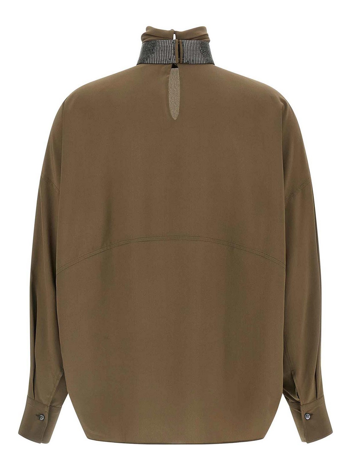 Brunello Cucinelli Silk Blouse With High Collar And Keyhole Back In Brown