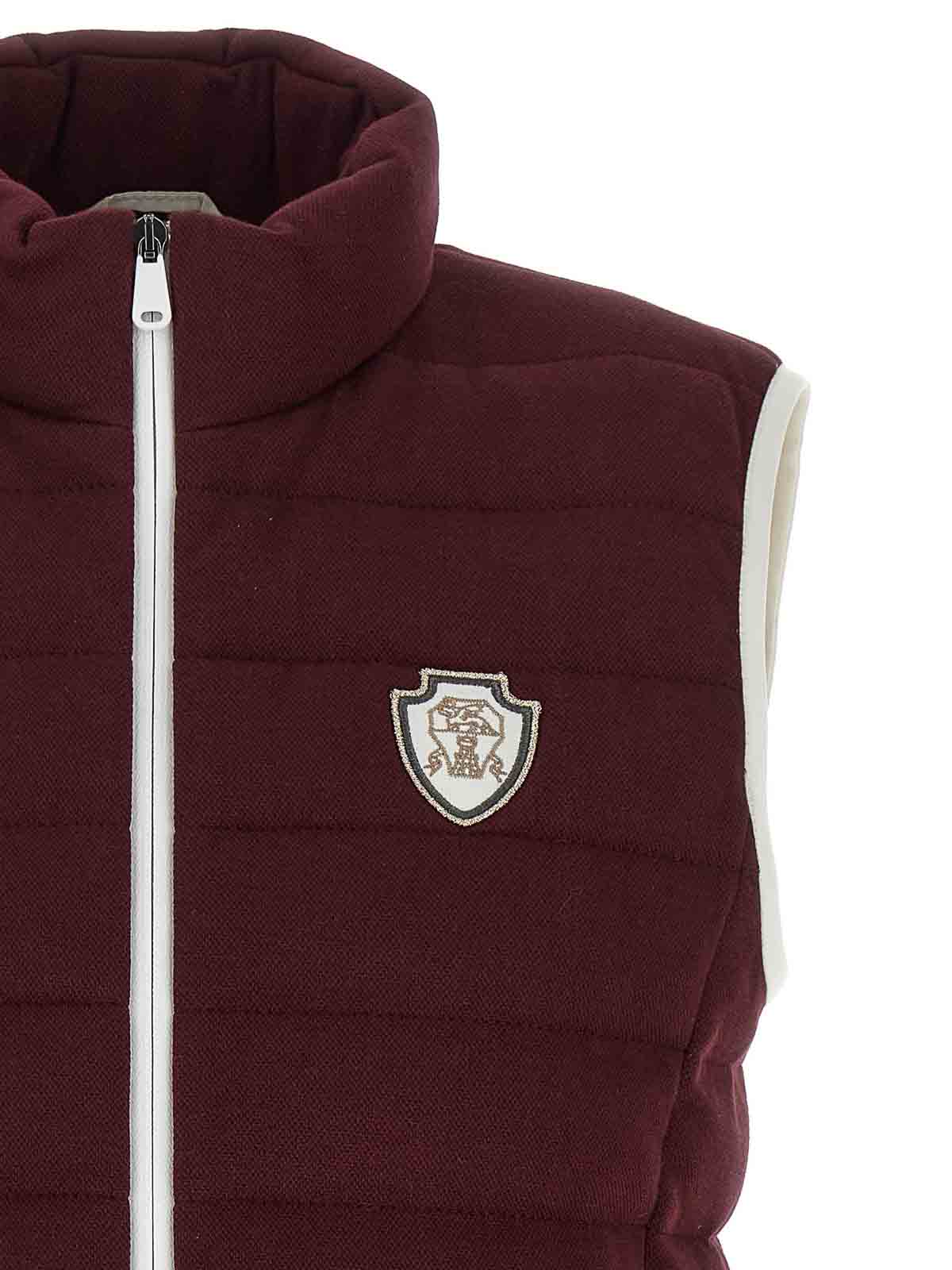 Brunello Cucinelli Bordeaux Sleeveless Down Jacket With Logo Patch On The Front In Burgundy