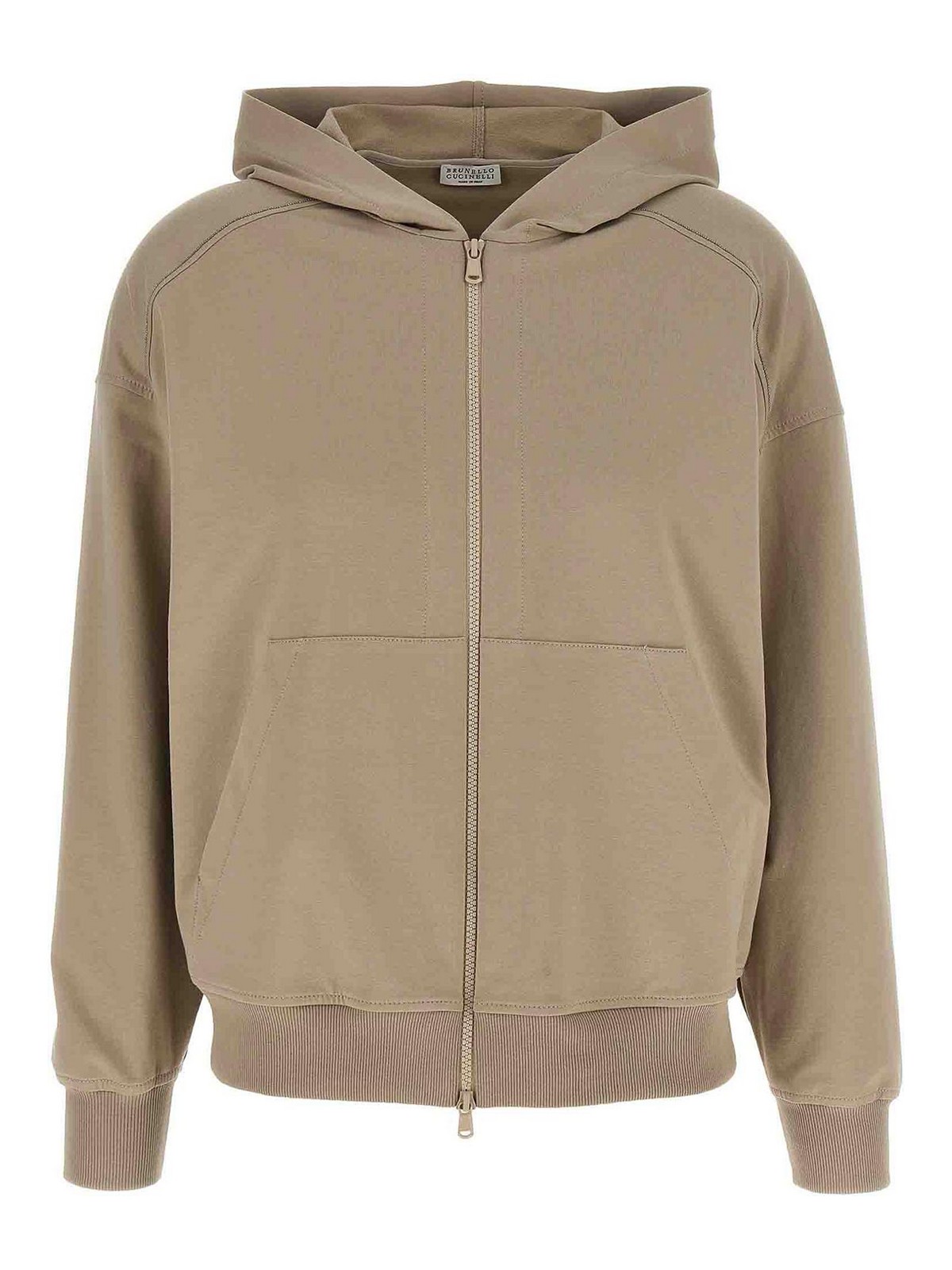 Brunello Cucinelli Hooded Kangaroo Pocket Top With Ribbed Cuffs In Gray