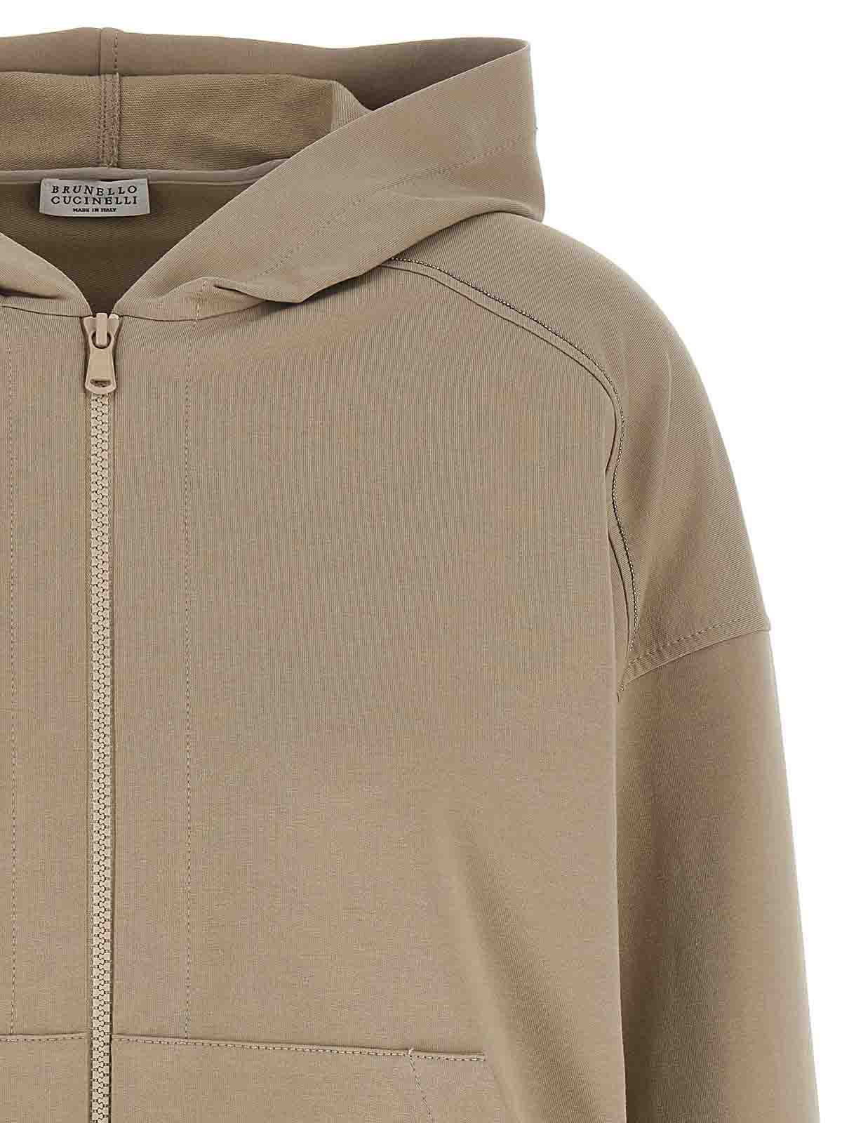Brunello Cucinelli Hooded Kangaroo Pocket Top With Ribbed Cuffs In Gray