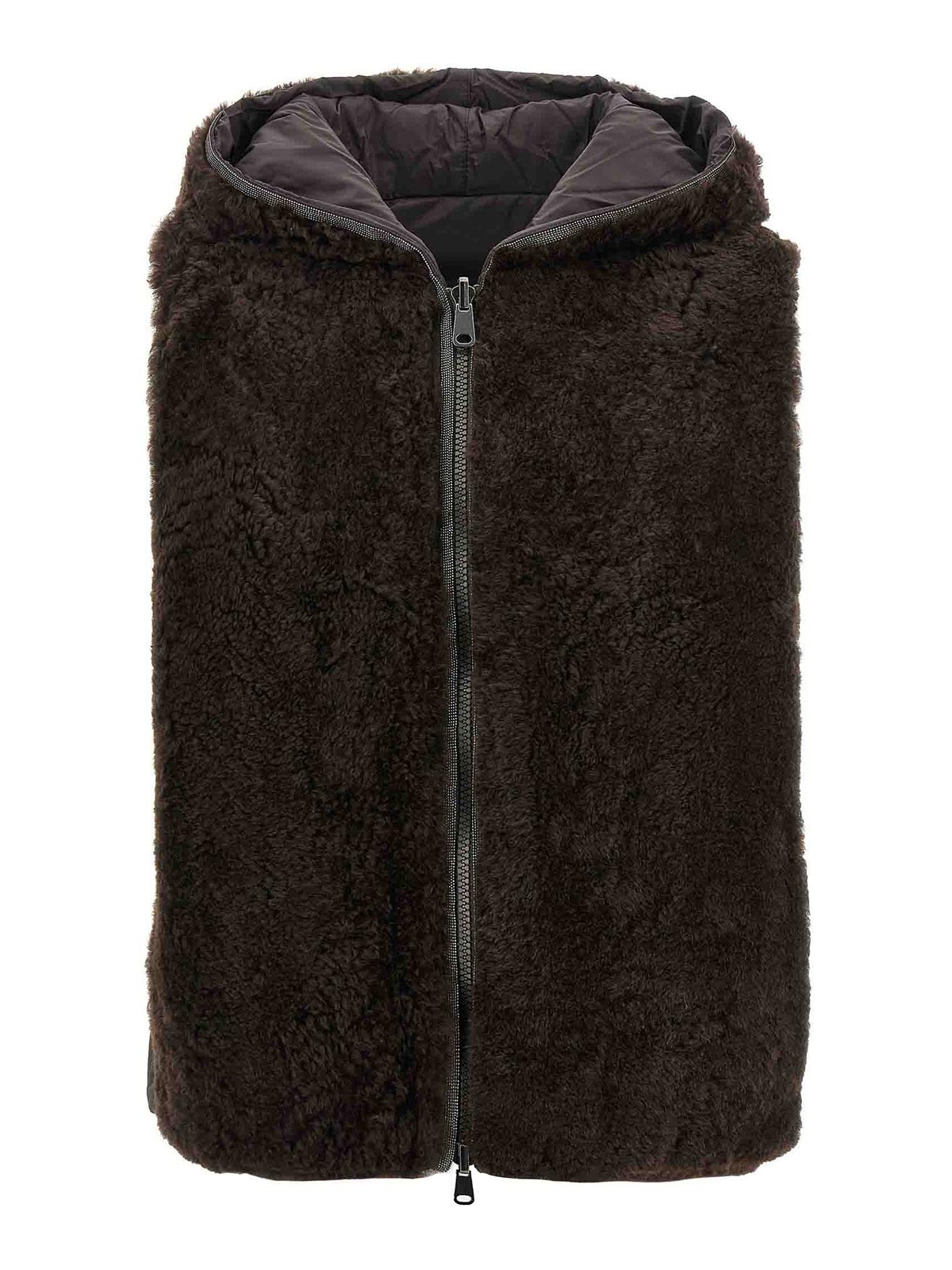 Brunello Cucinelli Reversible Hooded Faux Fur Vest In Brown
