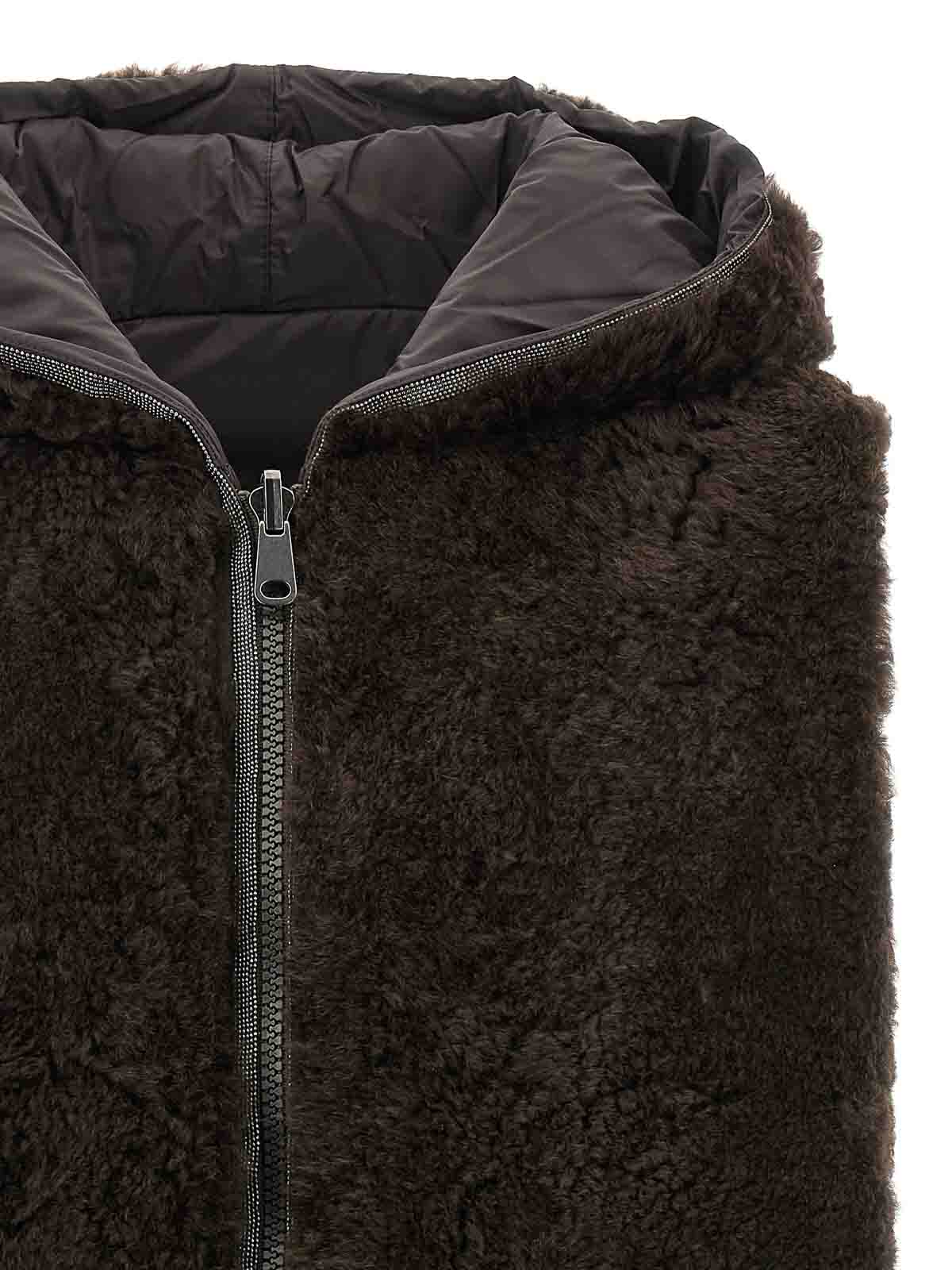 Brunello Cucinelli Reversible Hooded Faux Fur Vest In Brown