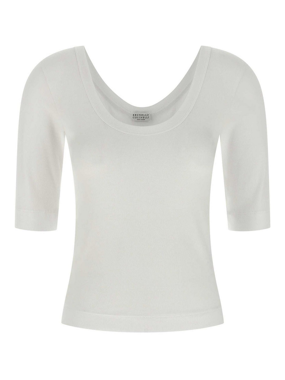 Brunello Cucinelli White U-neck T-shirt With Back Monil Detail In Cotton Woman In White