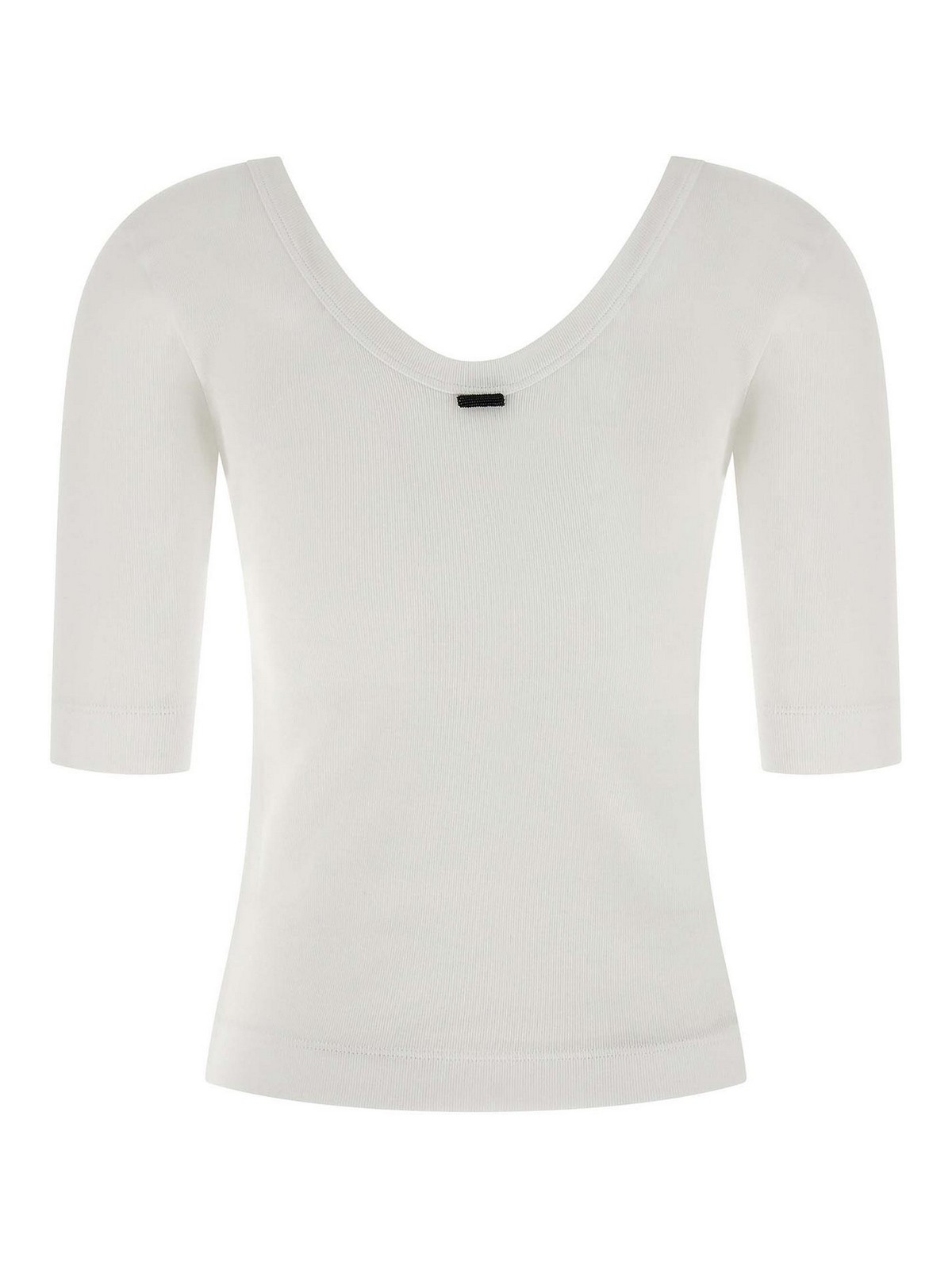 Brunello Cucinelli White U-neck T-shirt With Back Monil Detail In Cotton Woman In White