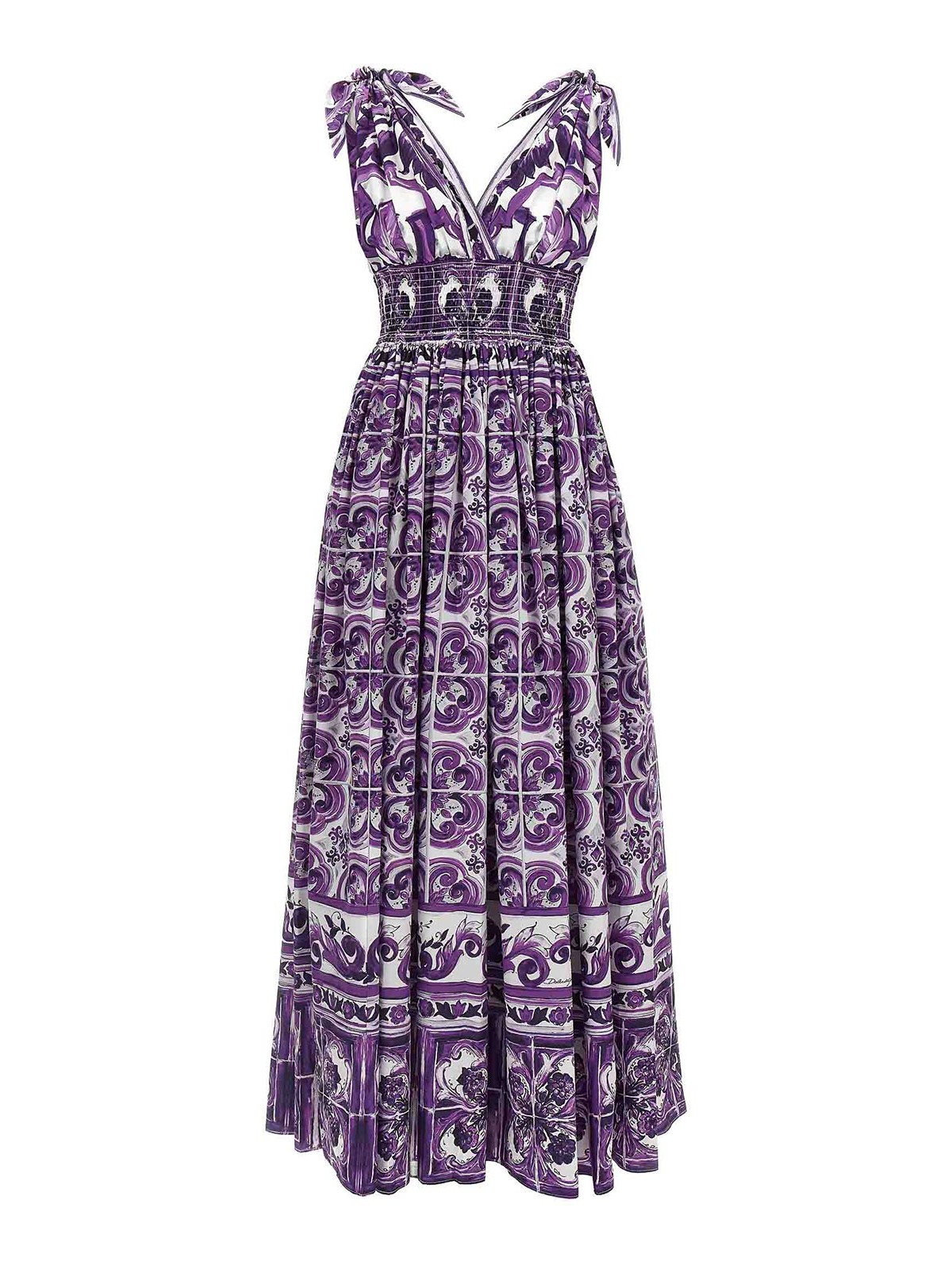 Dolce & Gabbana Smocked V-neck Maxi Dress With Tie Straps In Animal Print