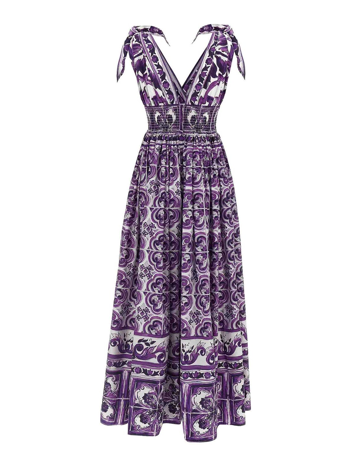 Dolce & Gabbana Smocked V-neck Maxi Dress With Tie Straps In Animal Print