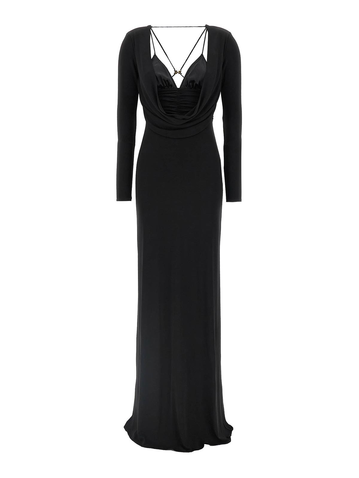Elisabetta Franchi Draped Black Maxi Dress With Deep Neckline In Black