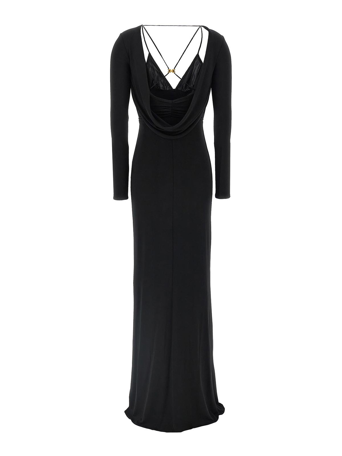 Elisabetta Franchi Draped Black Maxi Dress With Deep Neckline In Black