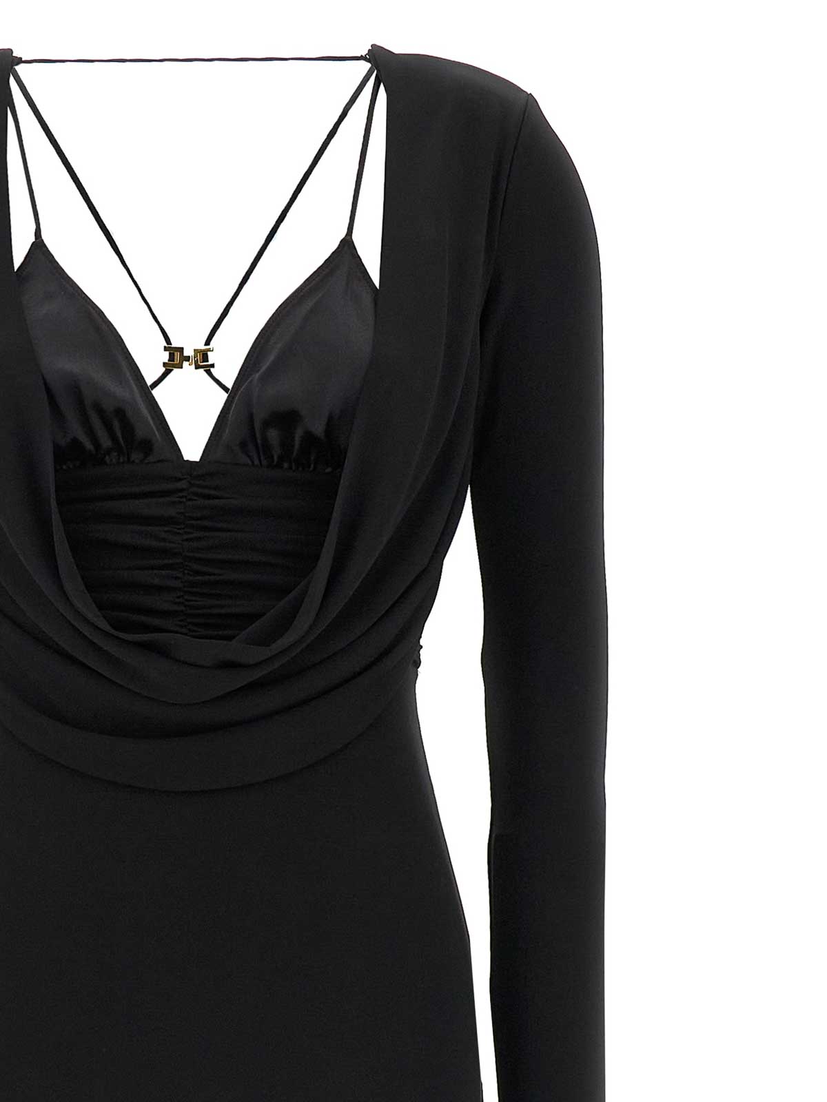 Elisabetta Franchi Draped Black Maxi Dress With Deep Neckline In Black