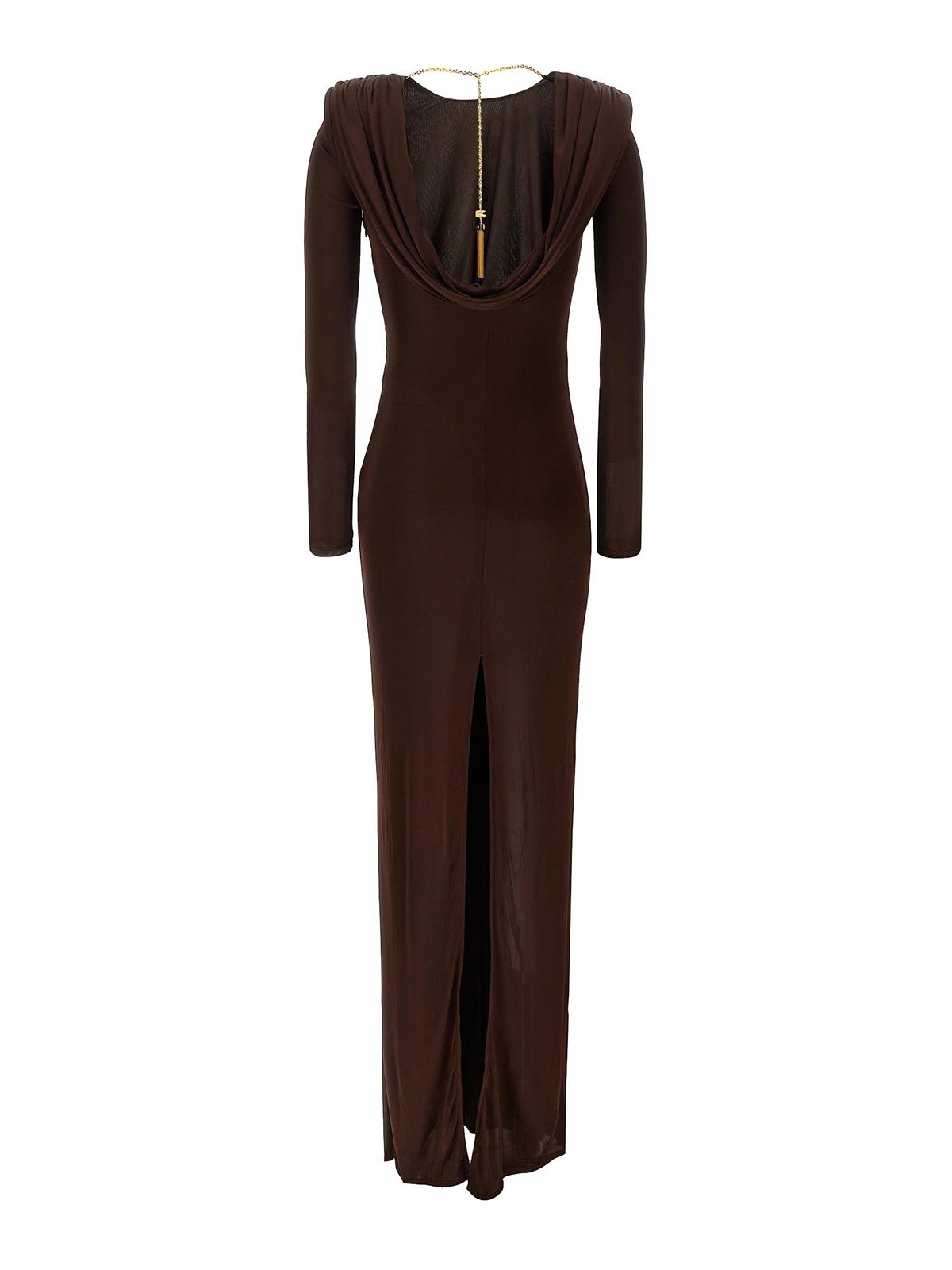 Elisabetta Franchi Draped Chain Detail Dress With Back Slit In Brown