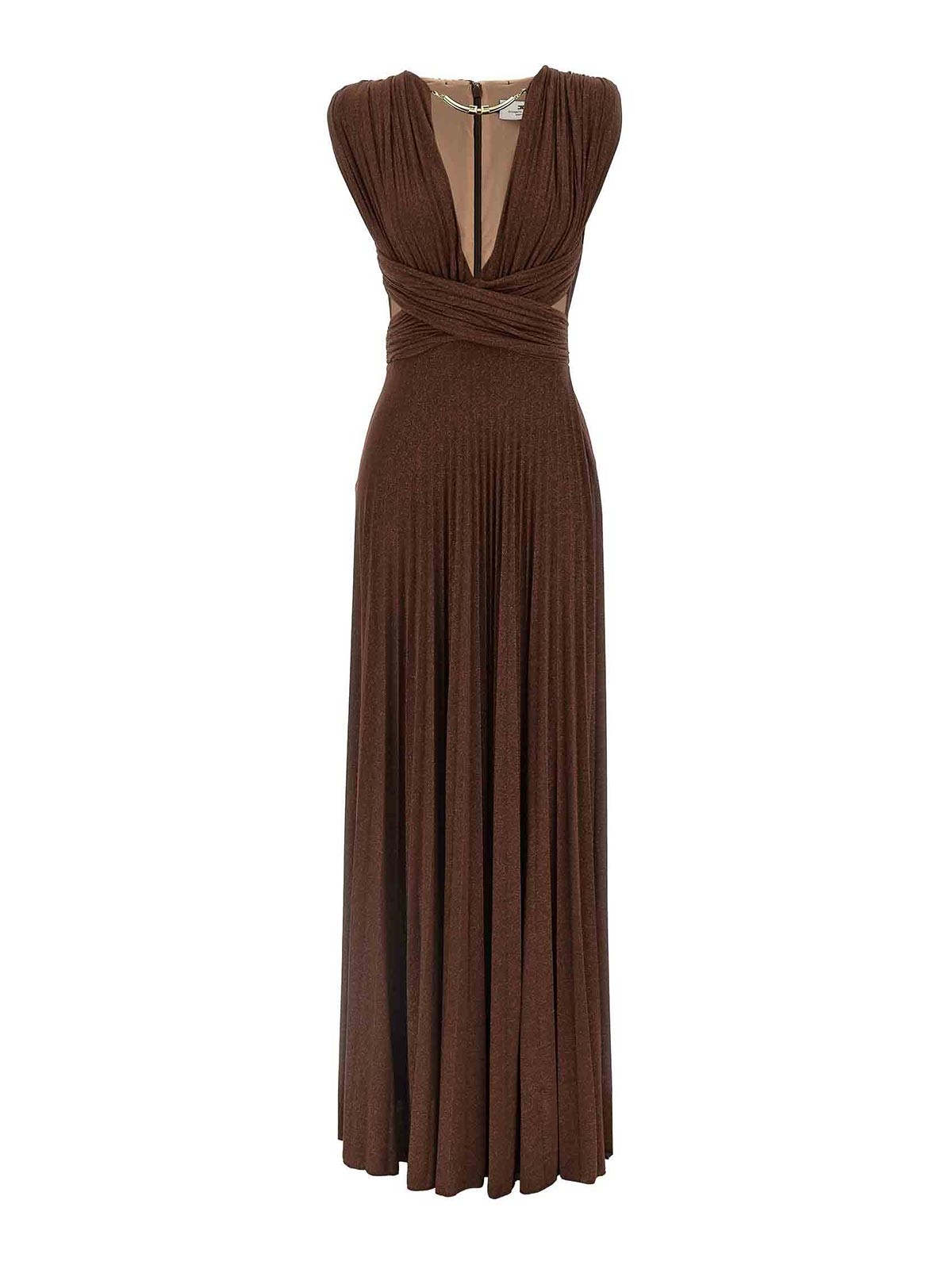 Elisabetta Franchi Celebrite V-neck Metallic Pleated Sleeveless Dress In Brown
