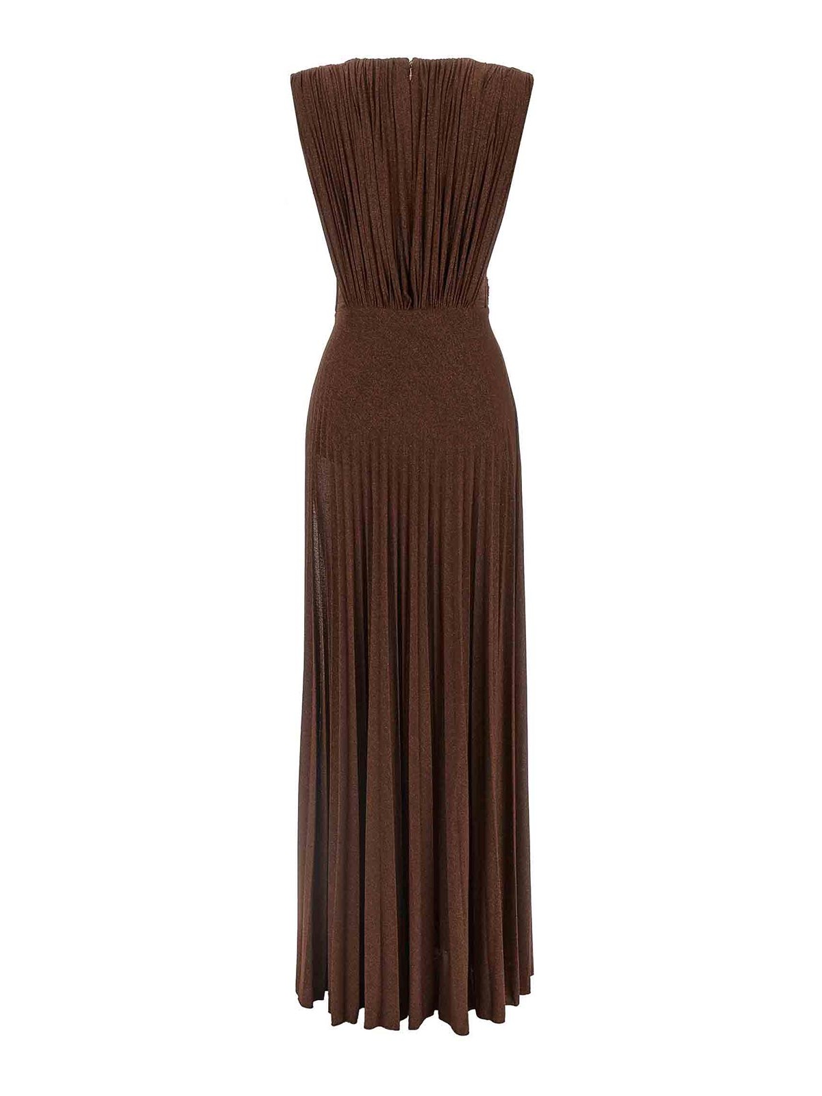 Elisabetta Franchi Celebrite V-neck Metallic Pleated Sleeveless Dress In Brown