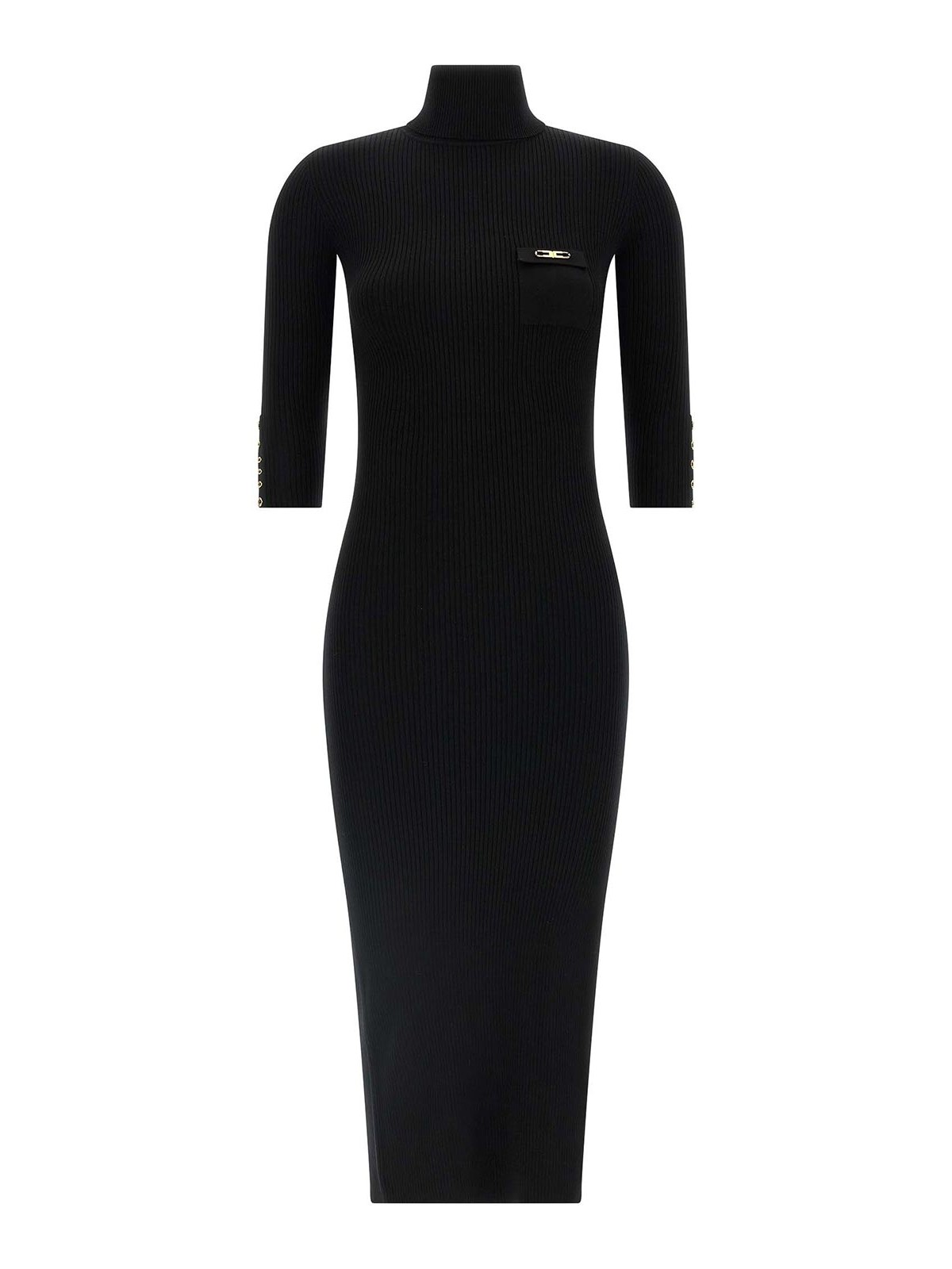Elisabetta Franchi Form-fitting Black Midi Dress With Ribbed Texture And Logo Detail In Black